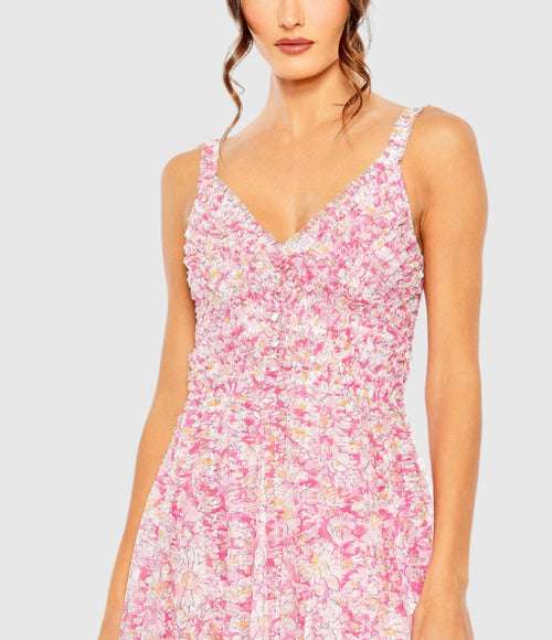 Mesh V-Neck Floral Print Dress