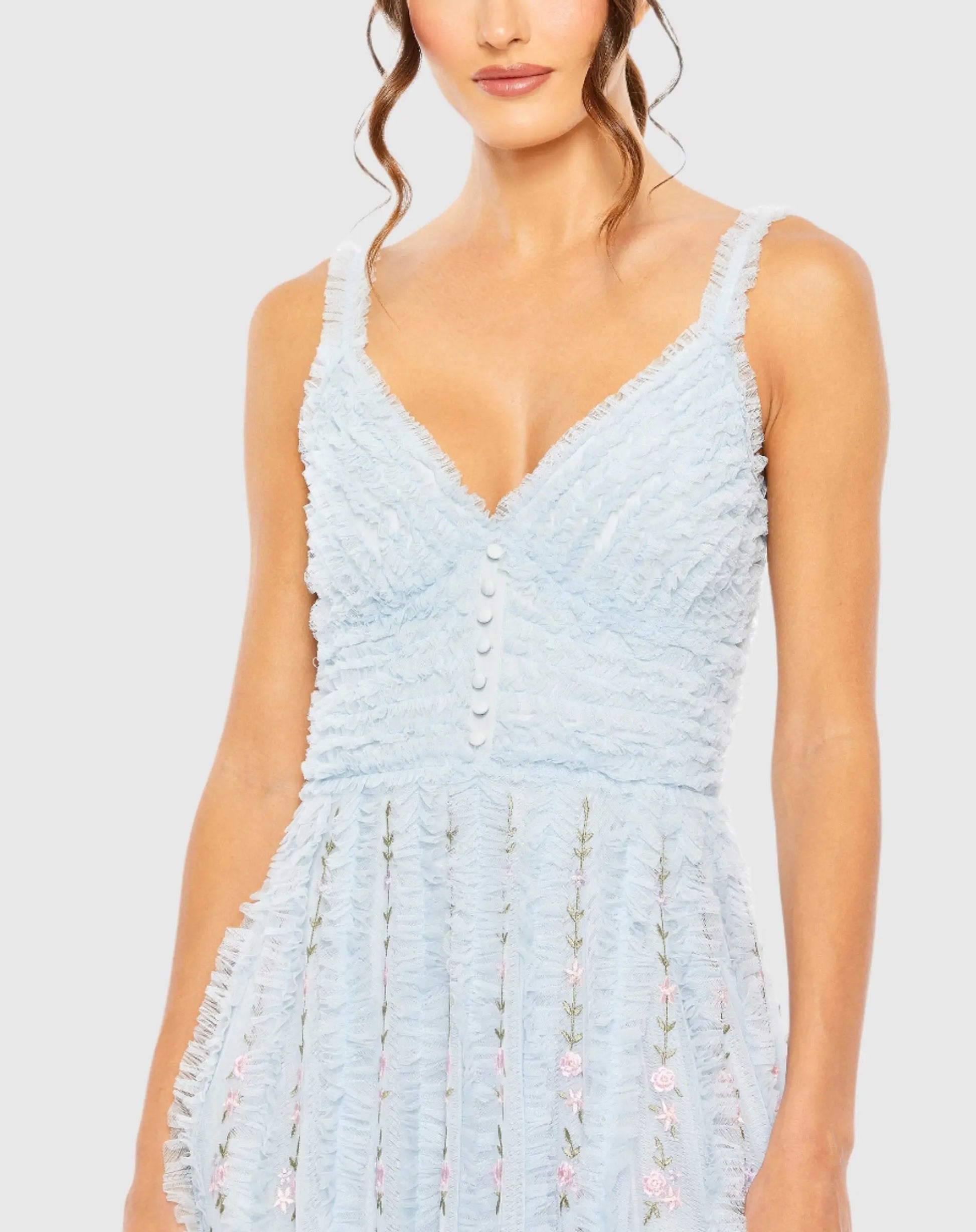 Blue Ruffle Floral Embroidered Detail Midi Dress - Mac Duggal Blue Ruffle Floral Embroidered Detail Midi Dress - Mac Duggal