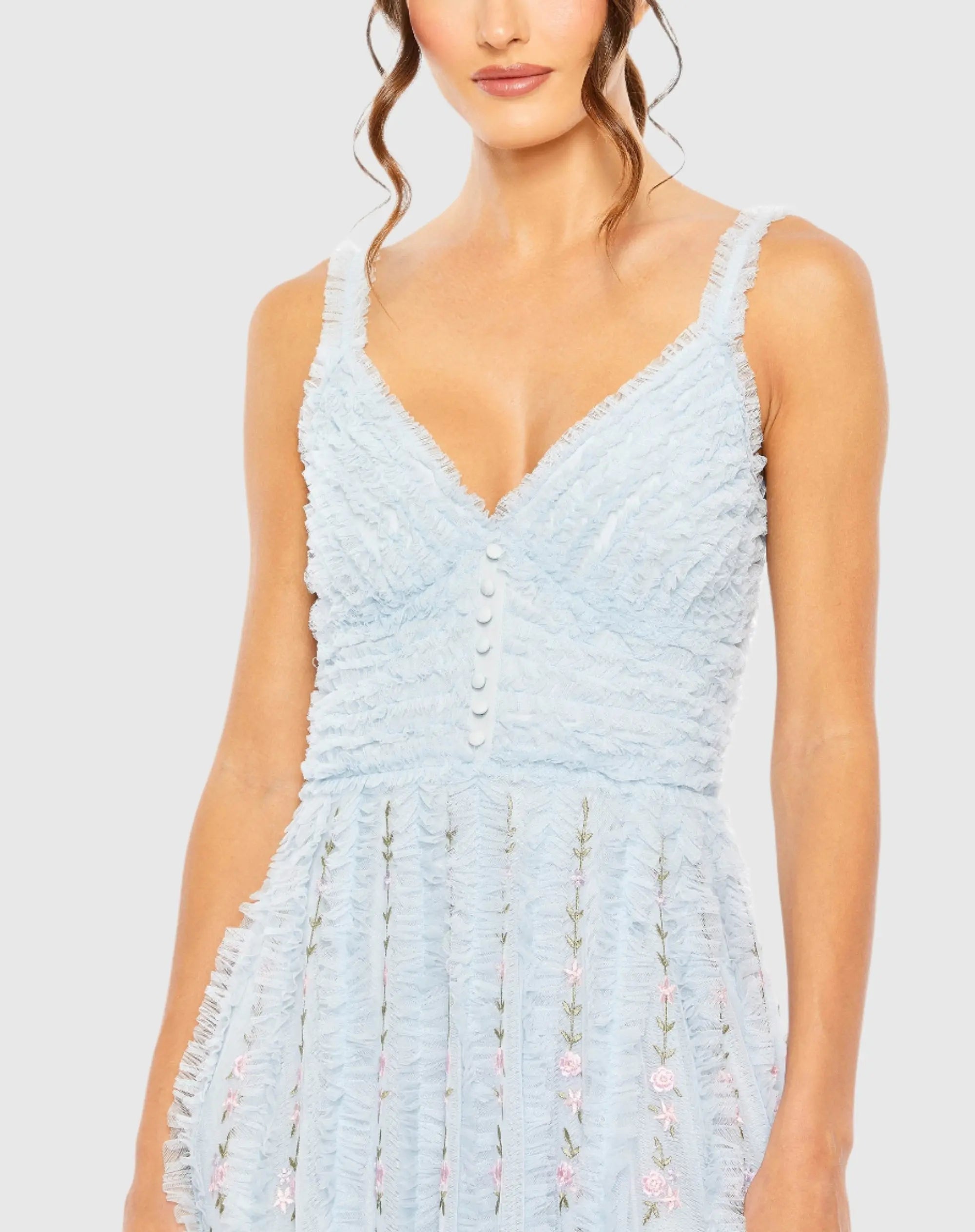 Ruffle Floral Embroidered Detail Tea Length Dress - Mac Duggal