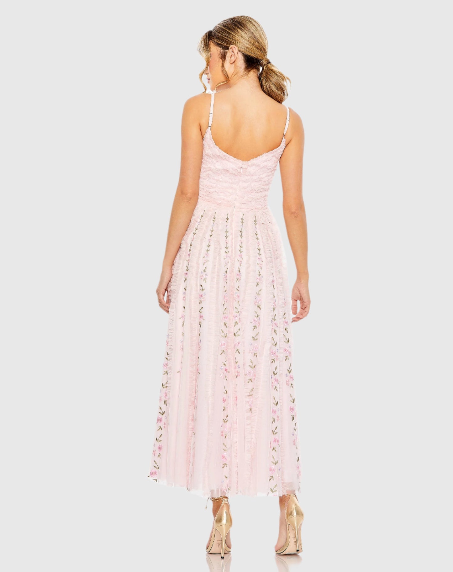 Ruffle Floral Embroidered Detail Tea Length Dress