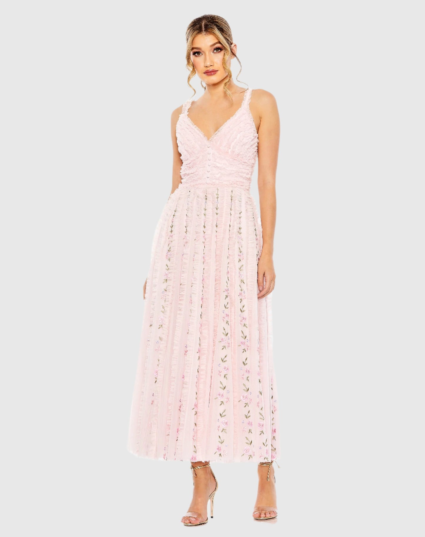 Ruffle Floral Embroidered Detail Tea Length Dress