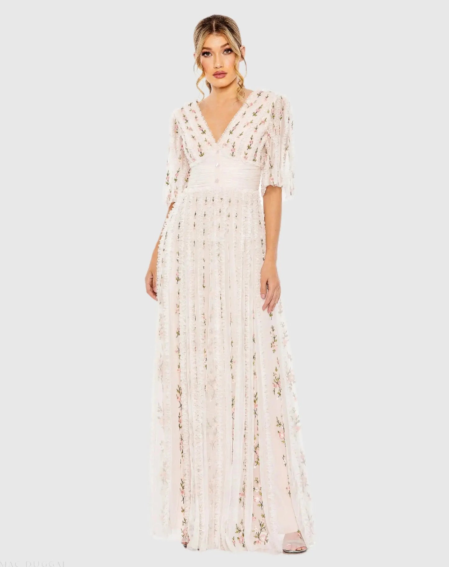 Pink Floral V-Neck Ruffle Detail Empire Waist Gown - Mac Duggal