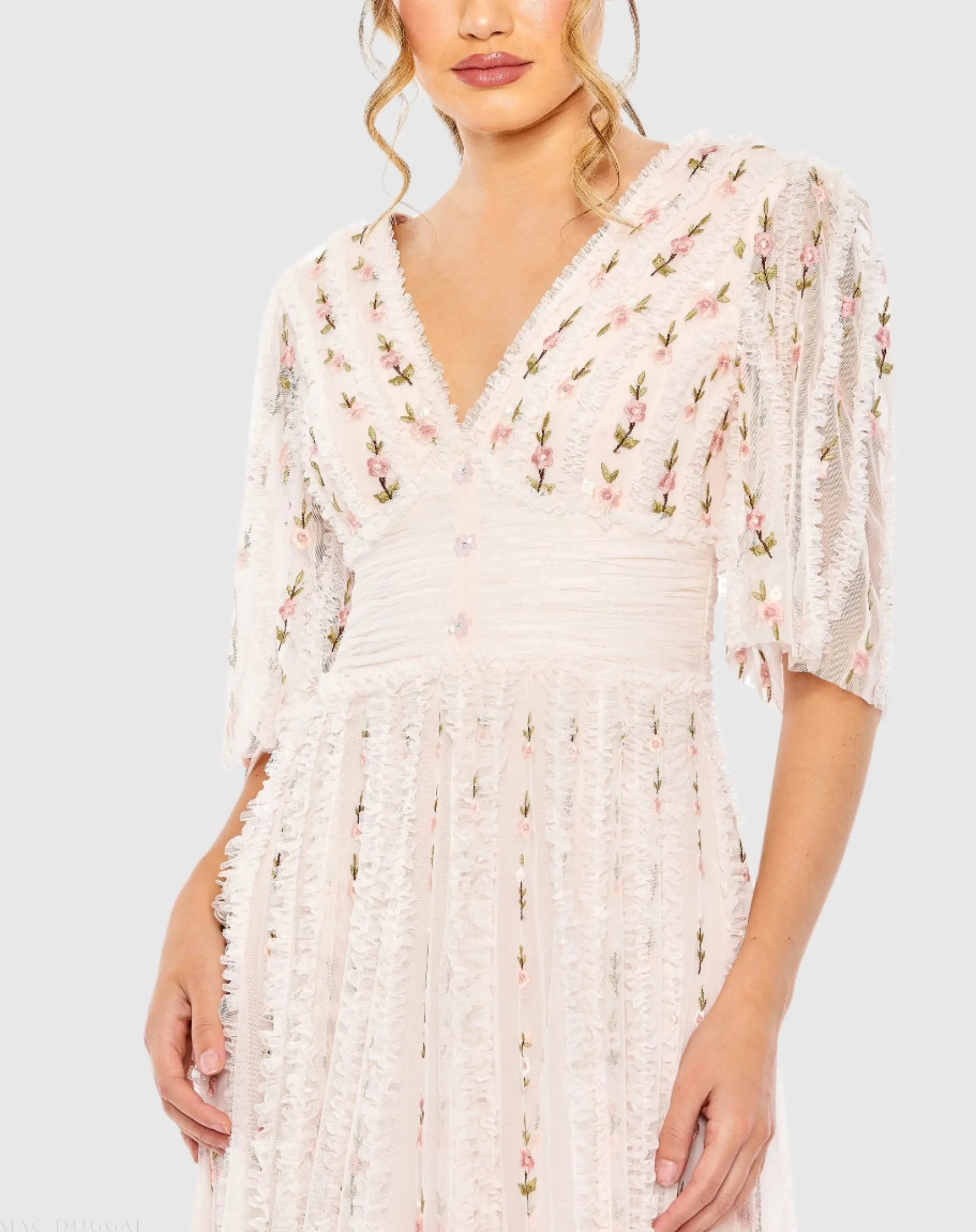 Pink Floral V-Neck Ruffle Detail Empire Waist Gown - Mac Duggal