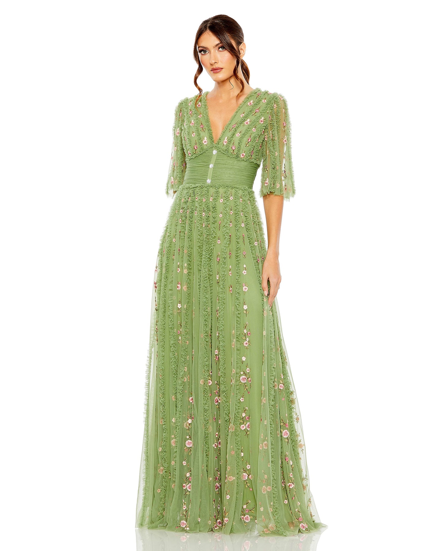 Floral V-Neck Ruffle Detail Empire Waist Gown – Mac Duggal