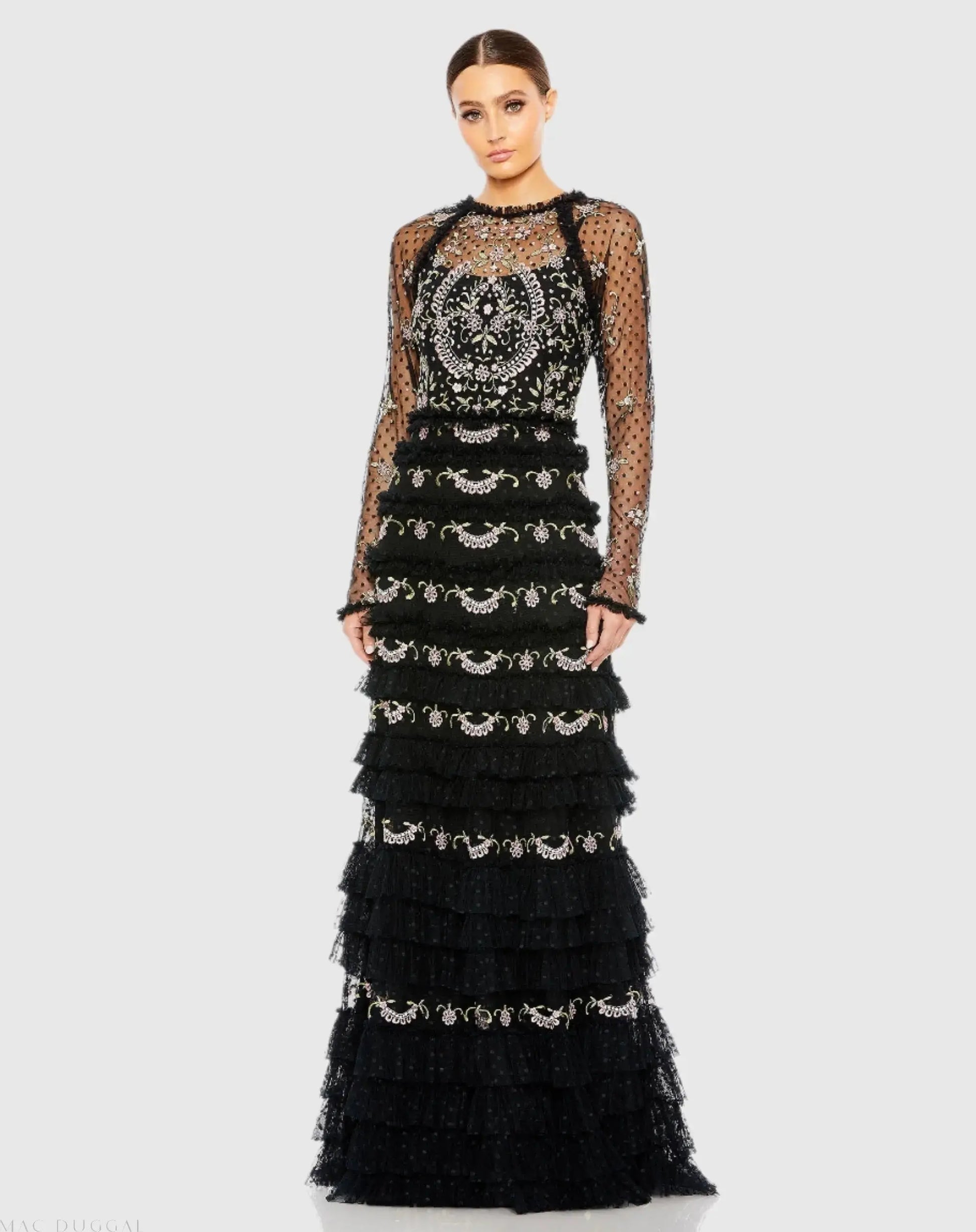 Black Mesh Polka Dot Long Sleeve Floral Ruffle Tired Gown - Mac Duggal