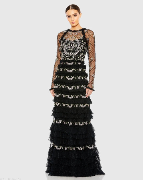 Black Mesh Polka Dot Long Sleeve Floral Ruffle Tired Gown - Mac Duggal