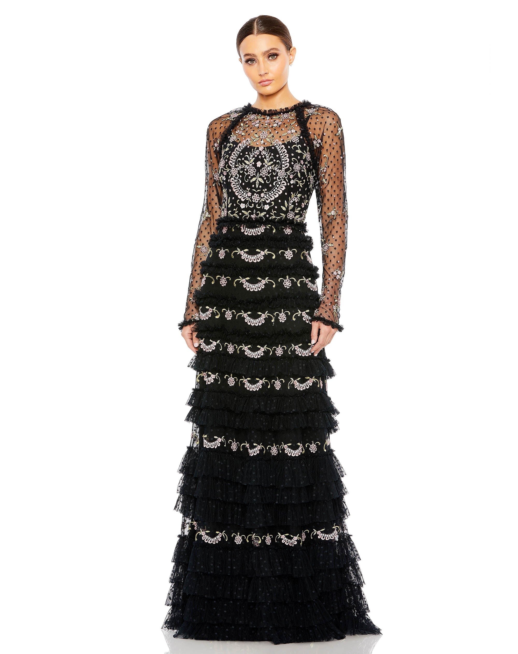 Long Sleeve Swiss Dot Embroidered Floral Ruffle Tiered Gown