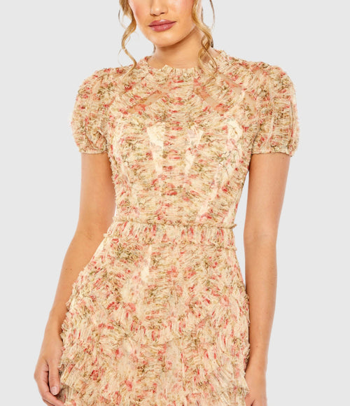 High Neck Floral Mesh Ruffle Dress