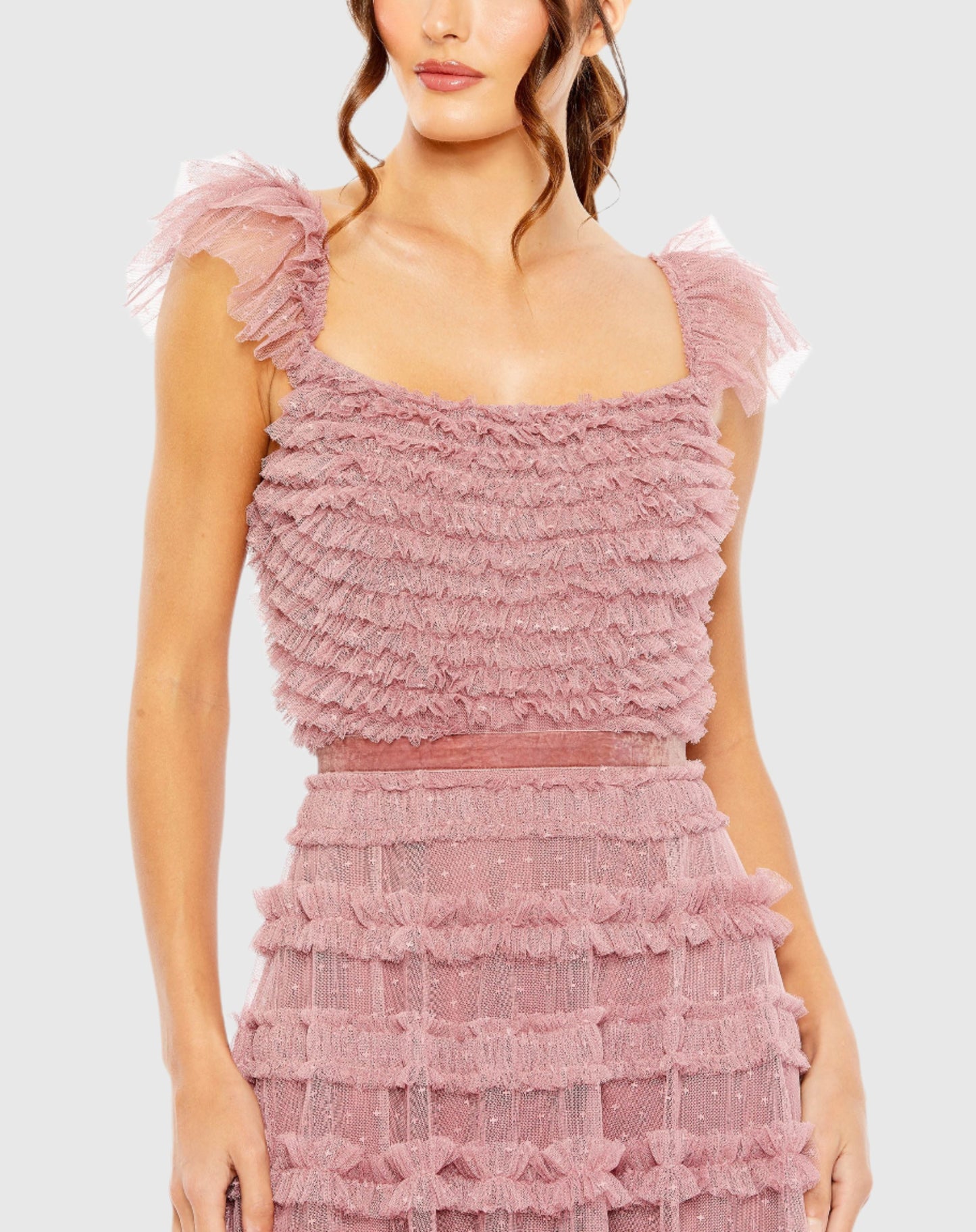 Ruffle Cap Sleeve Embellished Tiered Gown