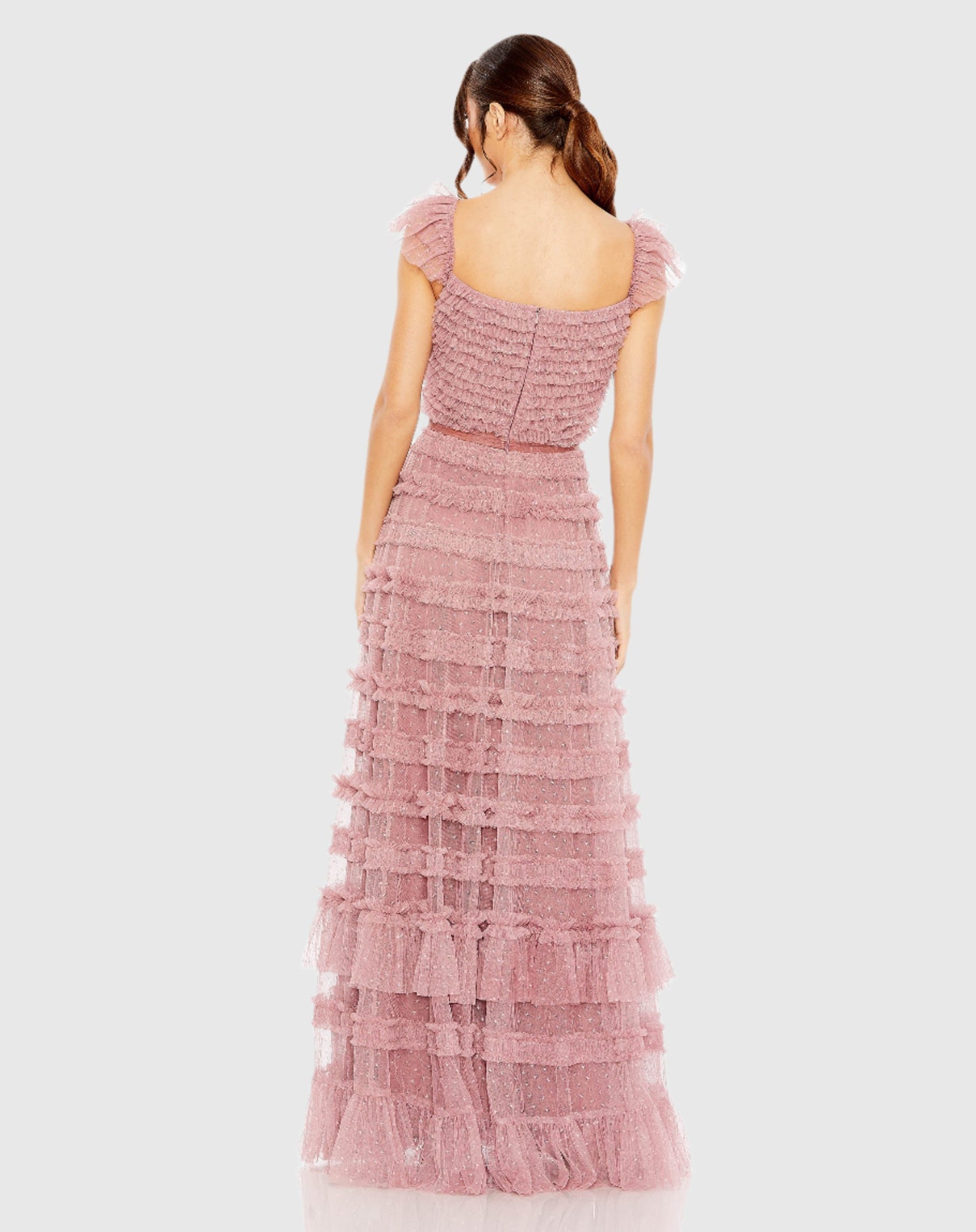 Ruffle Cap Sleeve Embellished Tiered Gown