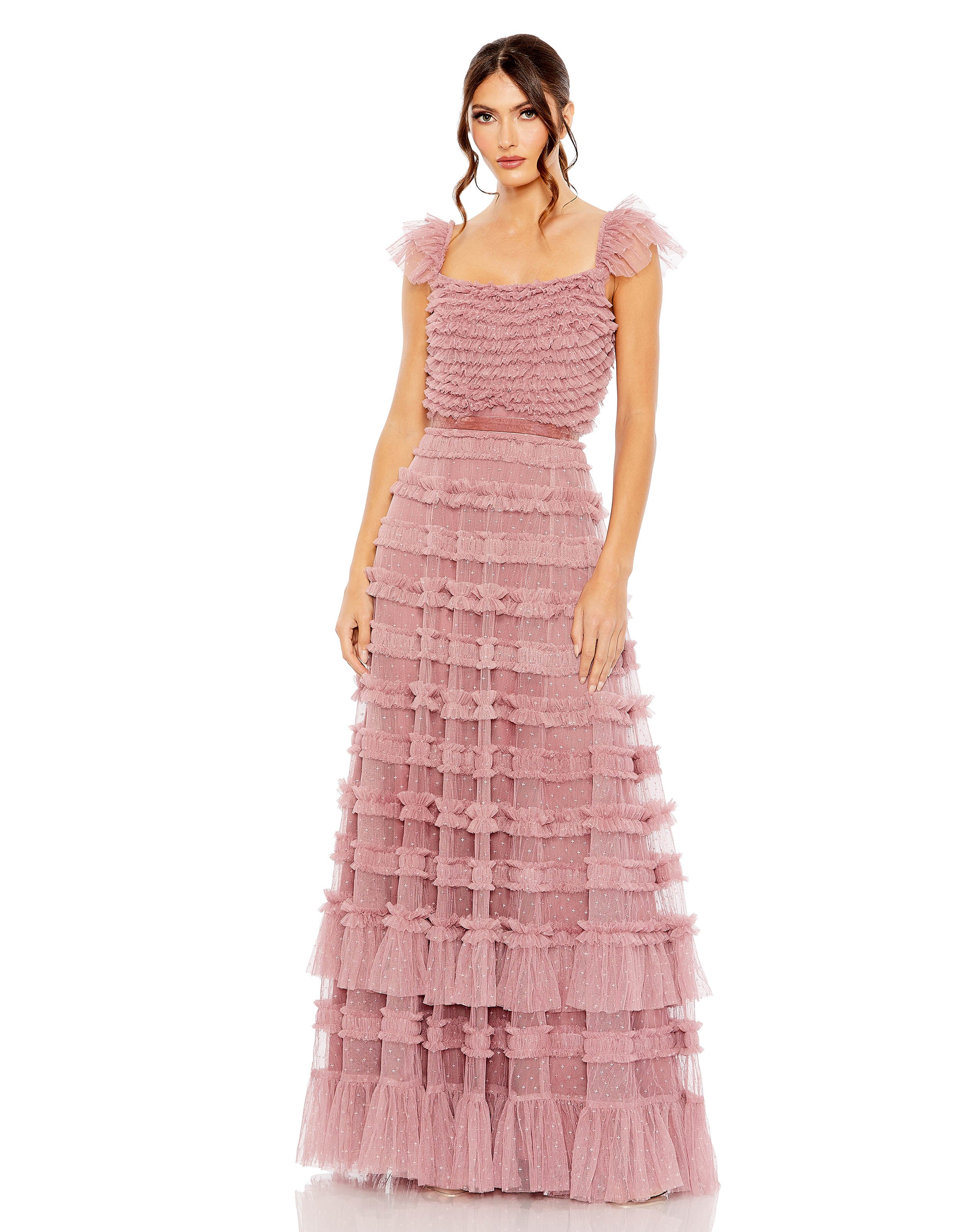 Ruffle Cap Sleeve Embellished Tiered Gown
