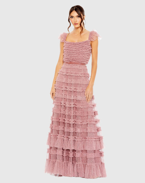 Ruffle Cap Sleeve Embellished Tiered Gown