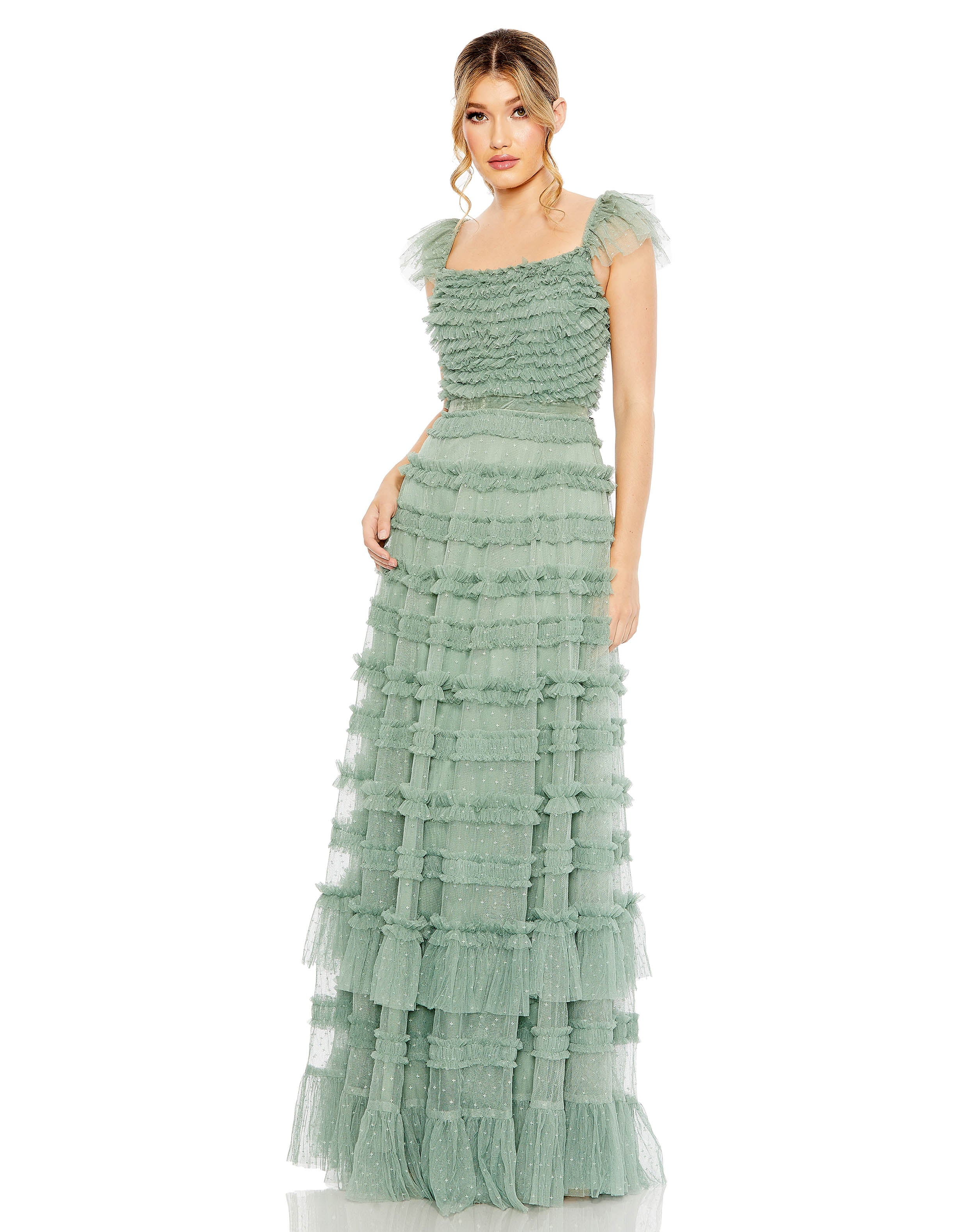 Ruffle Cap Sleeve Embellished Tiered Gown