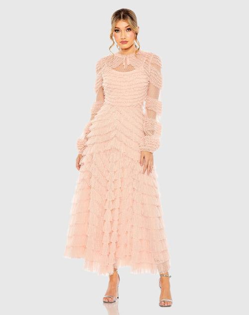 High Neck Puff Long Sleeve Ruffle Tiered Gown