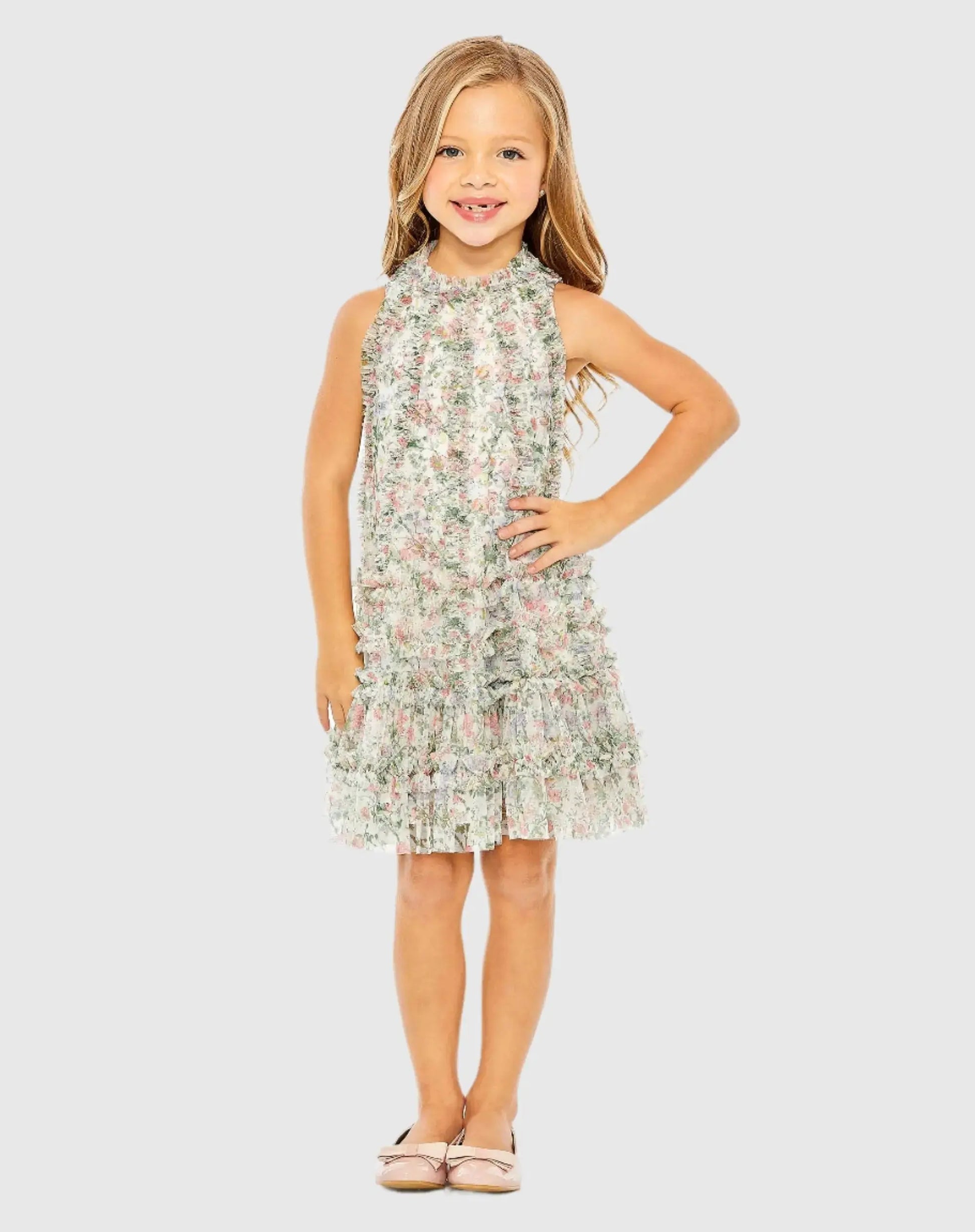 Girls Multicolor Floral Printed Ruffle Mini Dress | Mac Duggal Girls Multicolor Floral Printed Ruffle Mini Dress | Mac Duggal