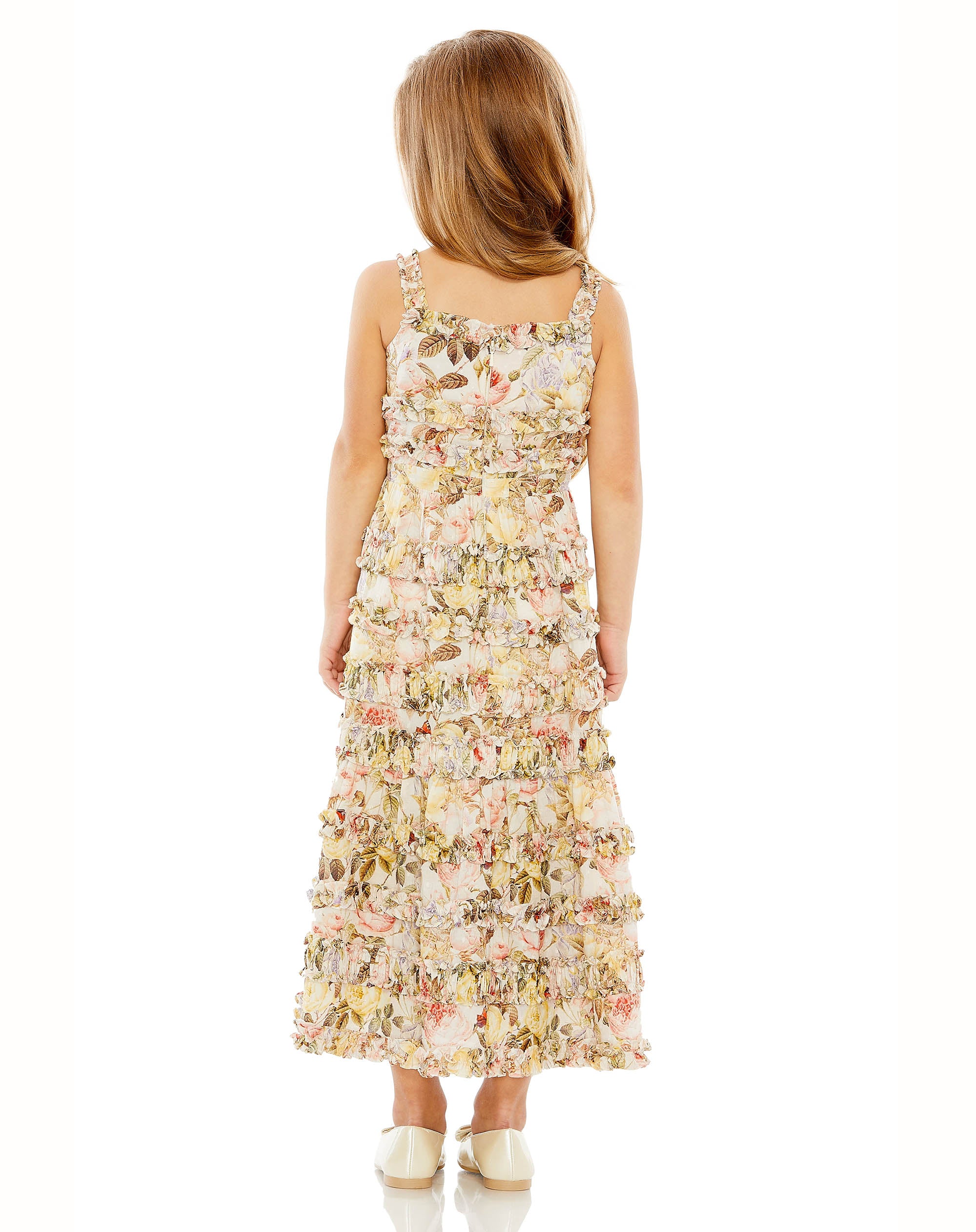 Girls Floral Print Ruffle Tiered Midi Dress