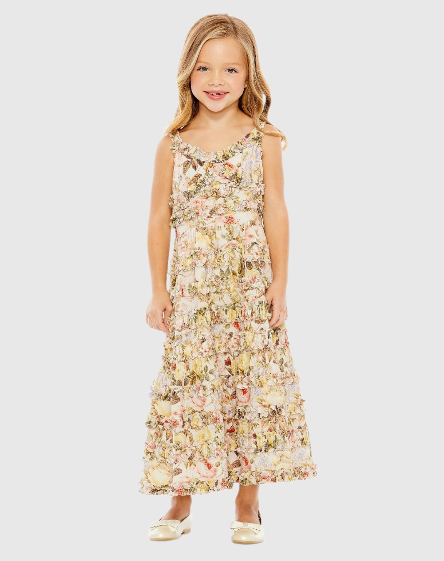 Vestido midi escalonado con volante y estampado floral para niñas 