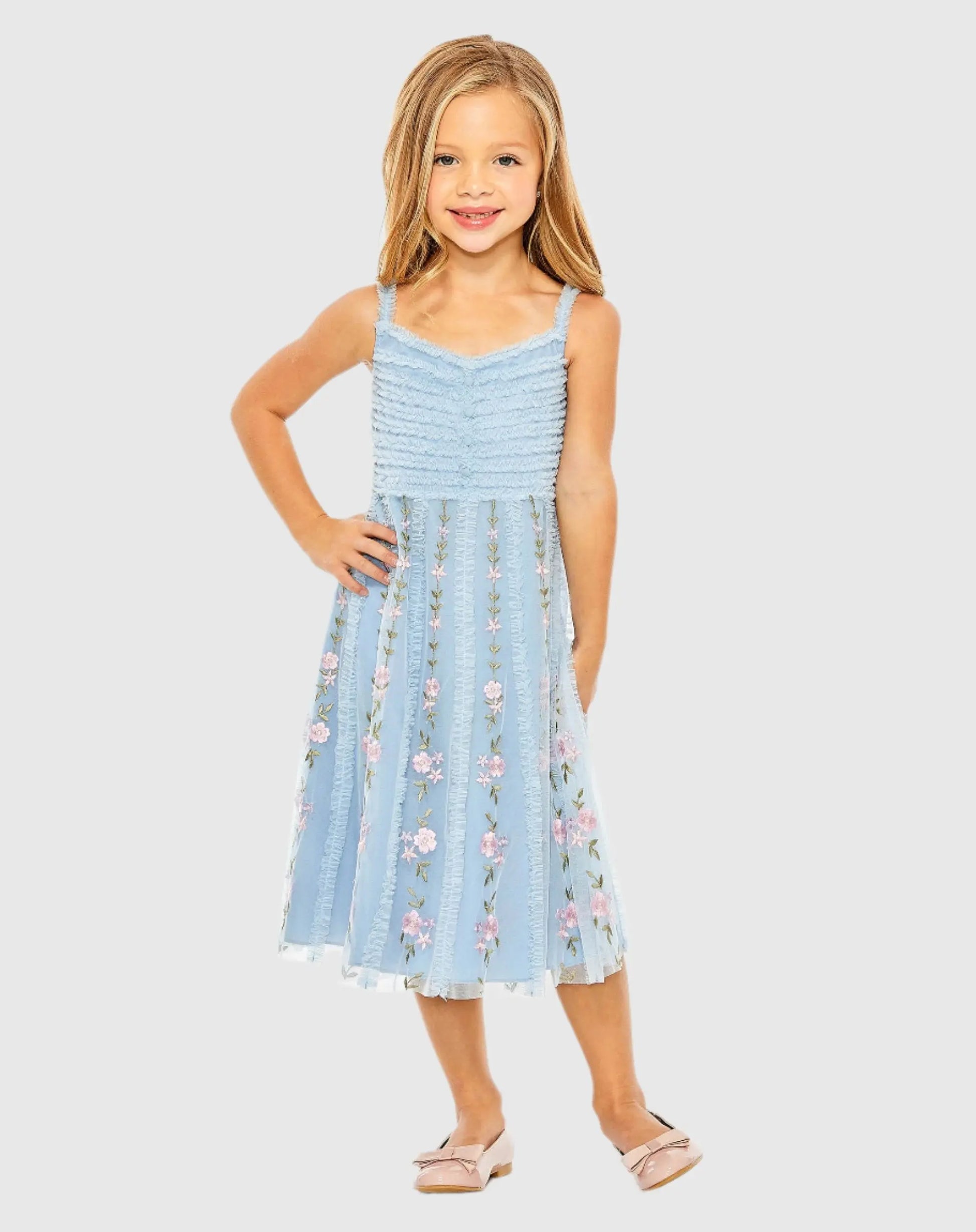 Girls Light Blue Ruffle Floral Embroidered Detail Mini Dress - Mac Duggal