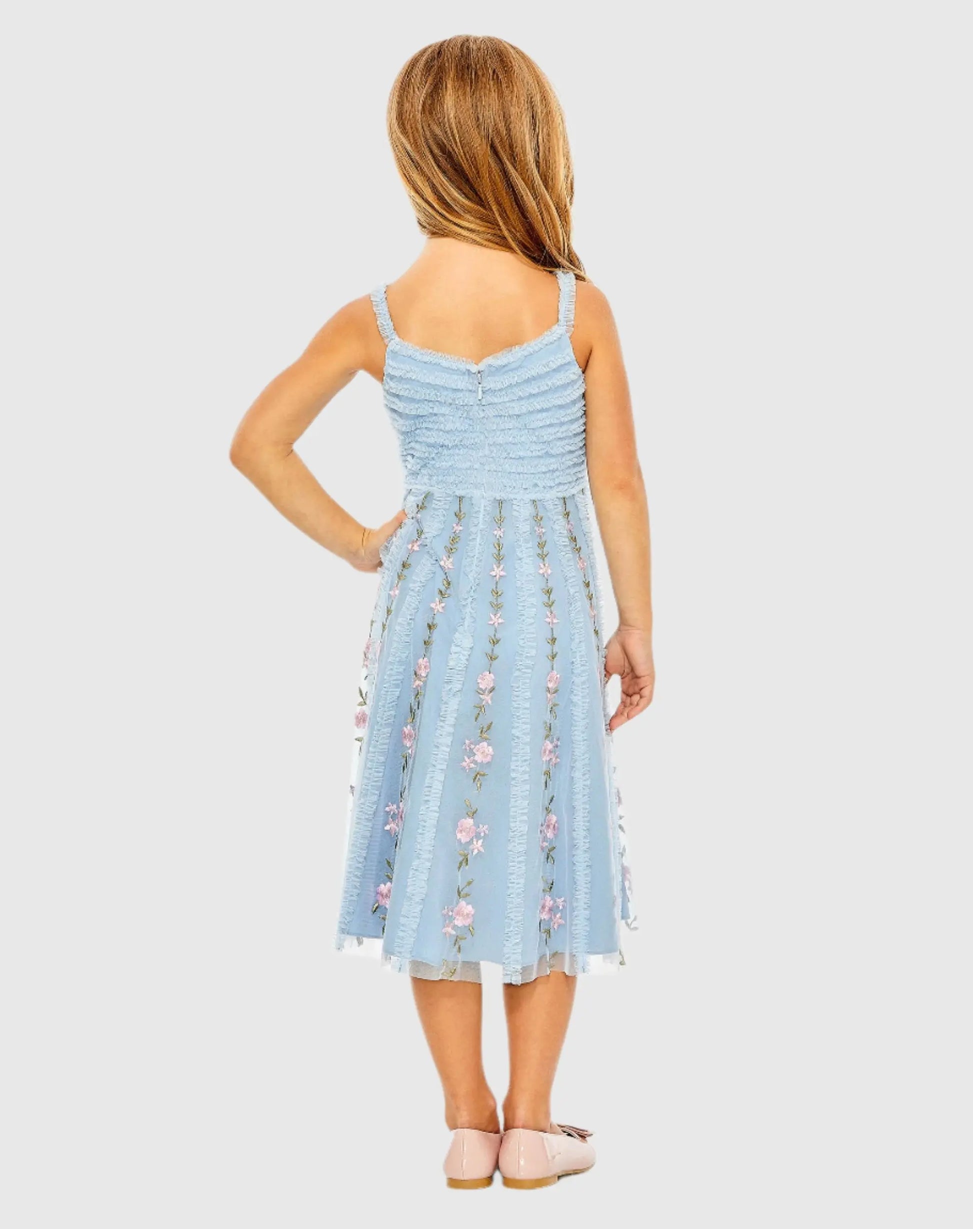Girls Light Blue Ruffle Floral Embroidered Detail Mini Dress - Mac Duggal