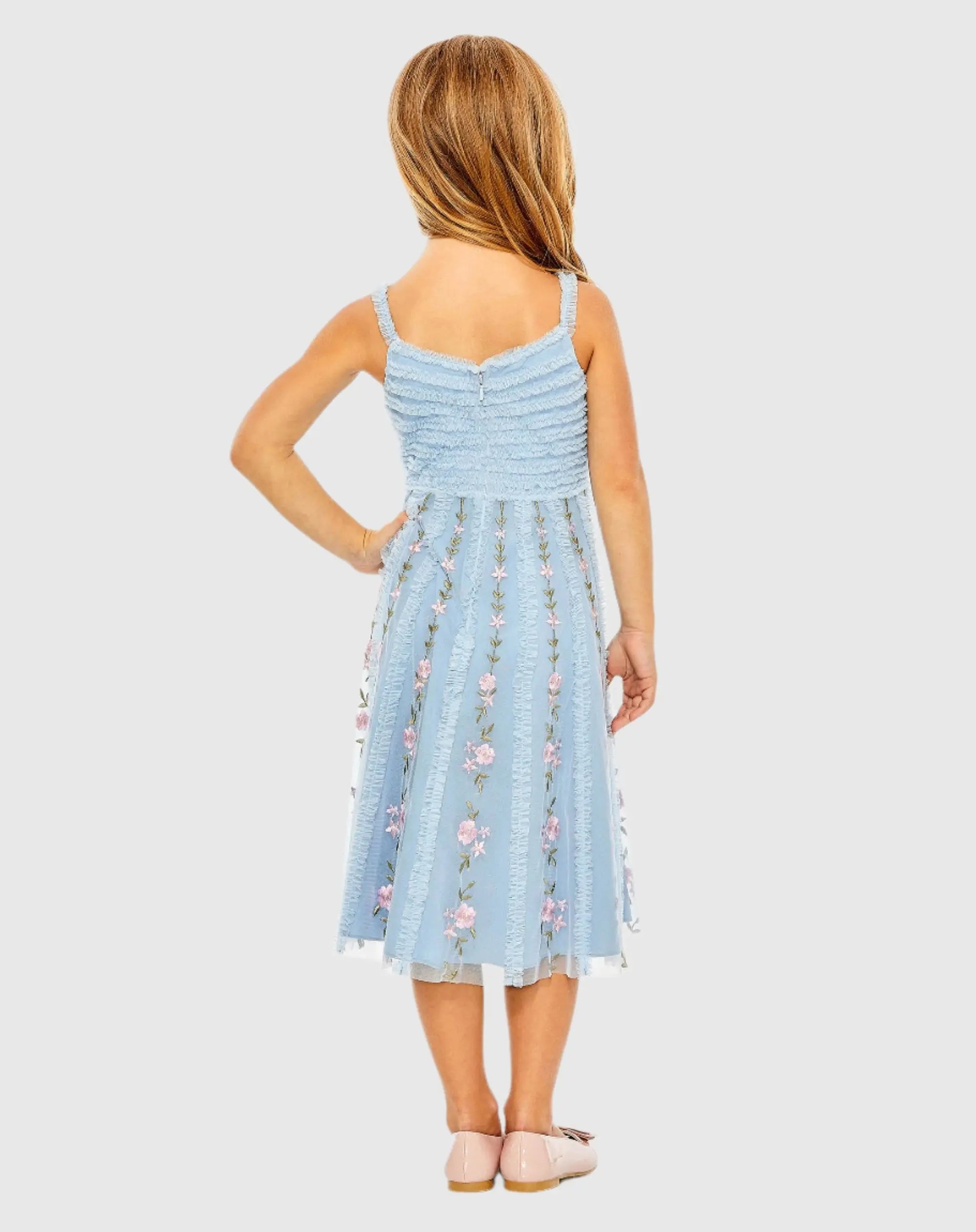 Girls Light Blue Ruffle Floral Embroidered Detail Mini Dress - Mac Duggal