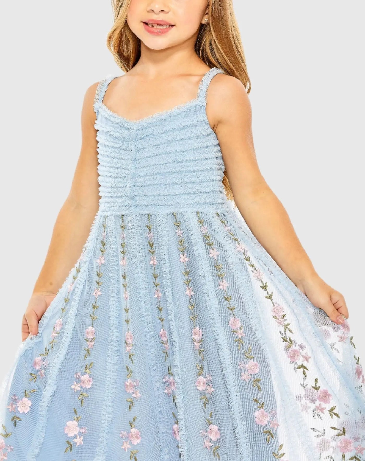 Girls Light Blue Ruffle Floral Embroidered Detail Mini Dress - Mac Duggal