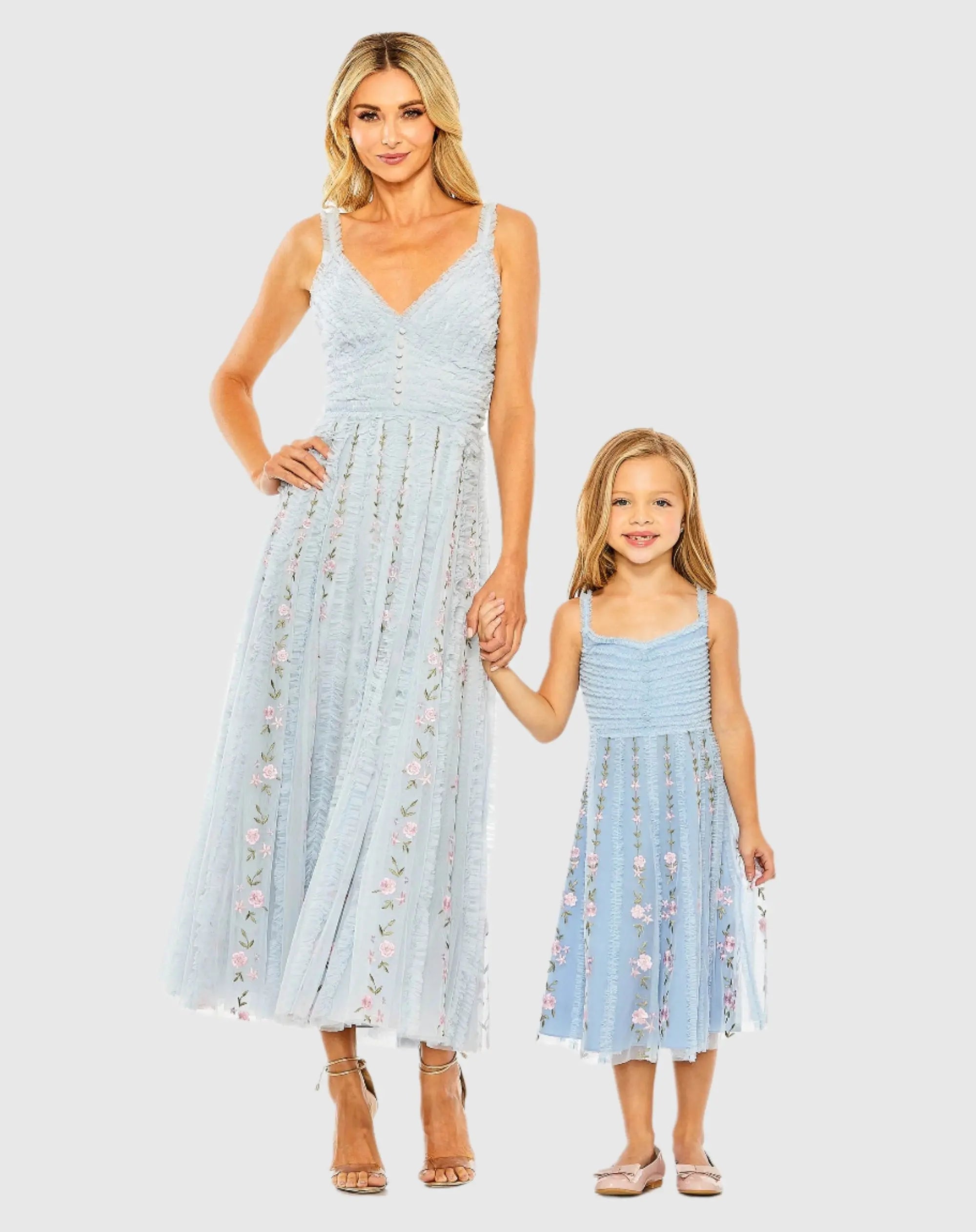 Girls Light Blue Ruffle Floral Embroidered Detail Mini Dress - Mac Duggal