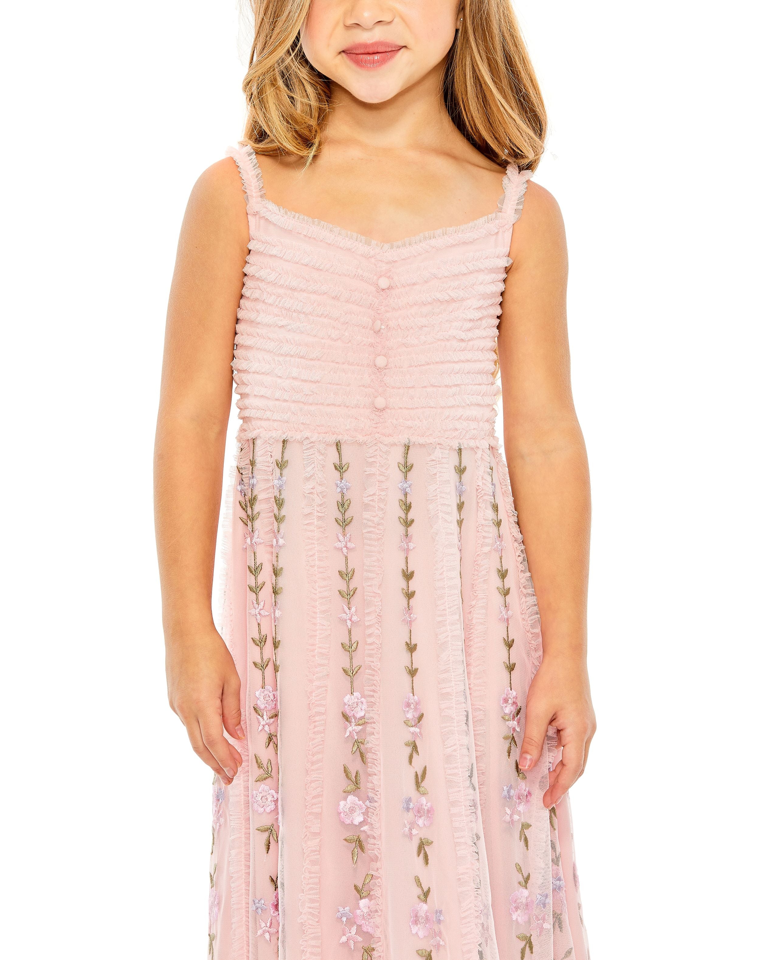 Girls Ruffle Floral Embroidered Detail Mini Dress
