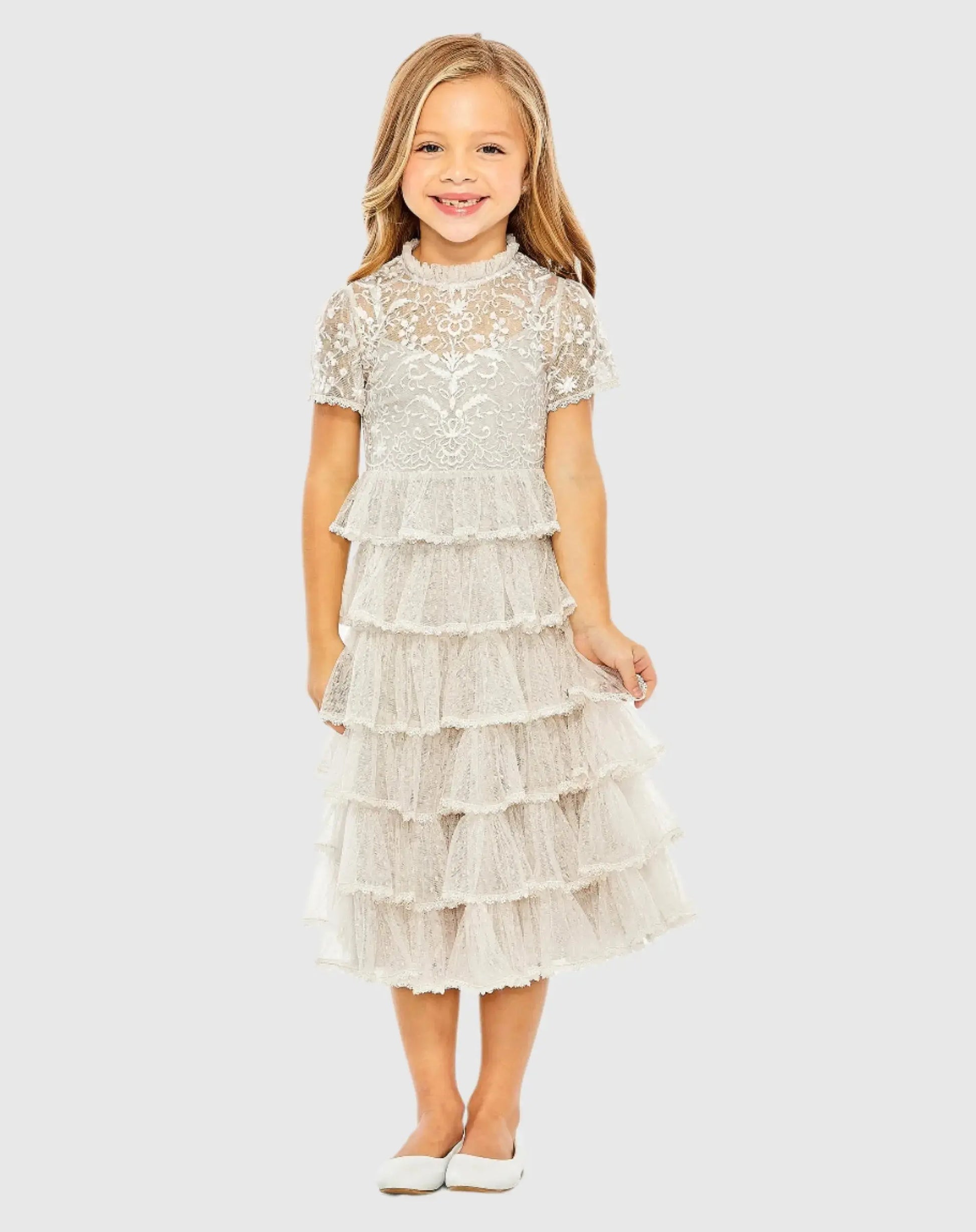 Girls White High Neck Embroidered Short Sleeve Dress | Mac Duggal Girls White High Neck Embroidered Short Sleeve Dress | Mac Duggal