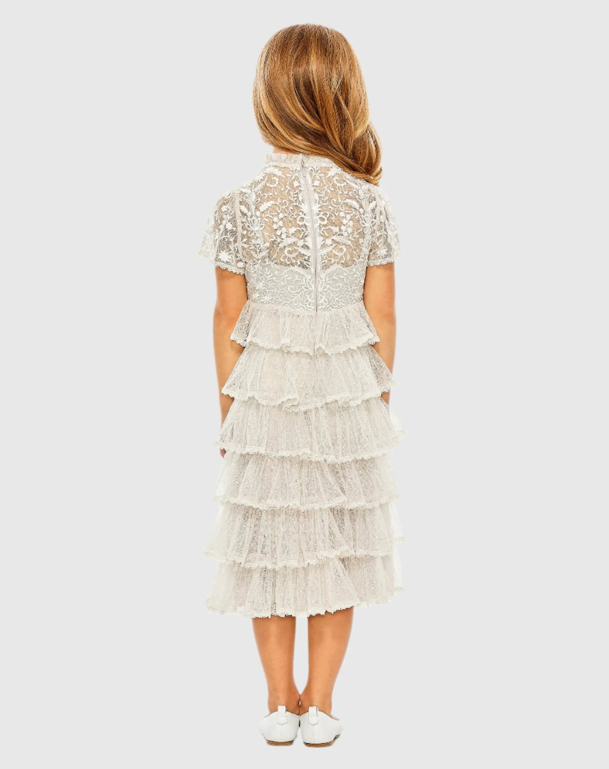Girls White High Neck Embroidered Short Sleeve Dress | Mac Duggal Girls White High Neck Embroidered Short Sleeve Dress | Mac Duggal