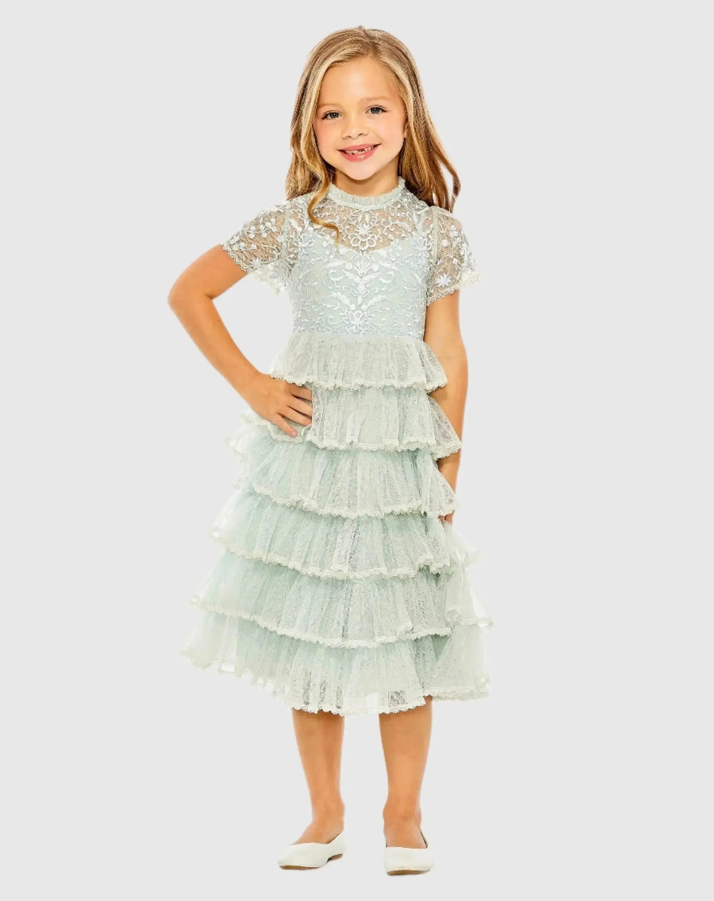 Blue Girls High Neck Embroidered Short Sleeve Dress - Mac Duggal Girls