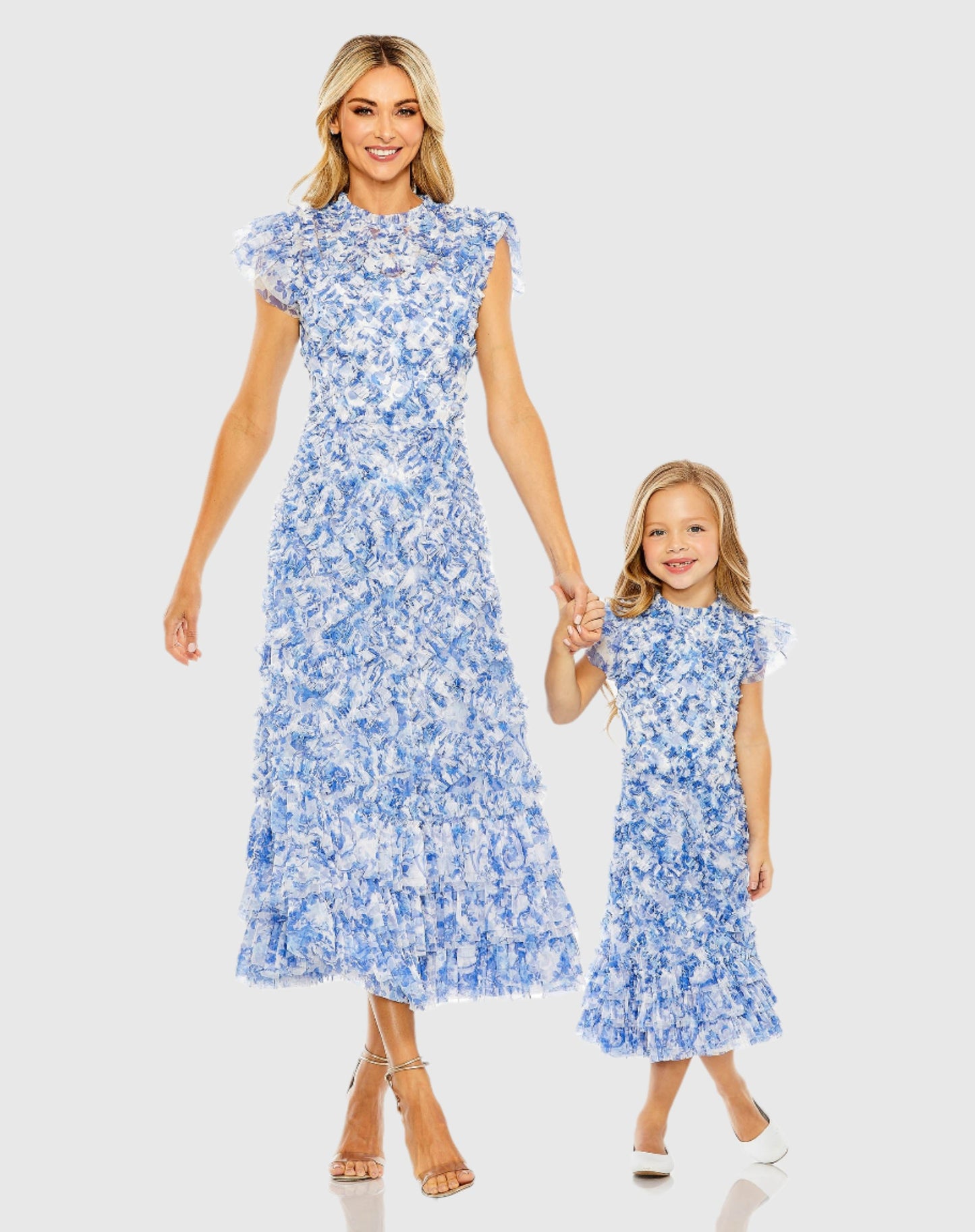 Blue High Neck Ruffle Cap Sleeve Floral Dress