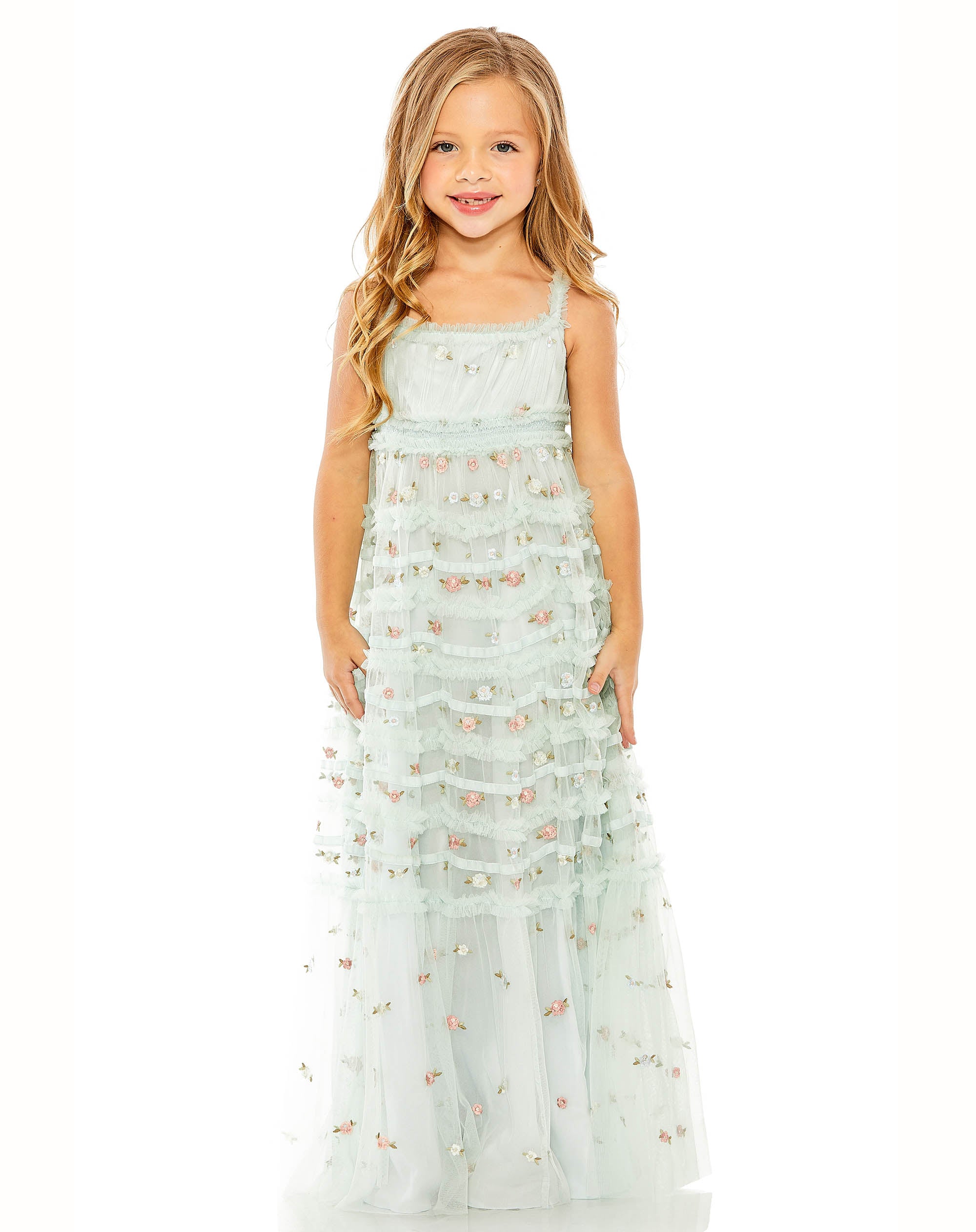 Girls Sleeveless Floral Embroidered Tiered Gown