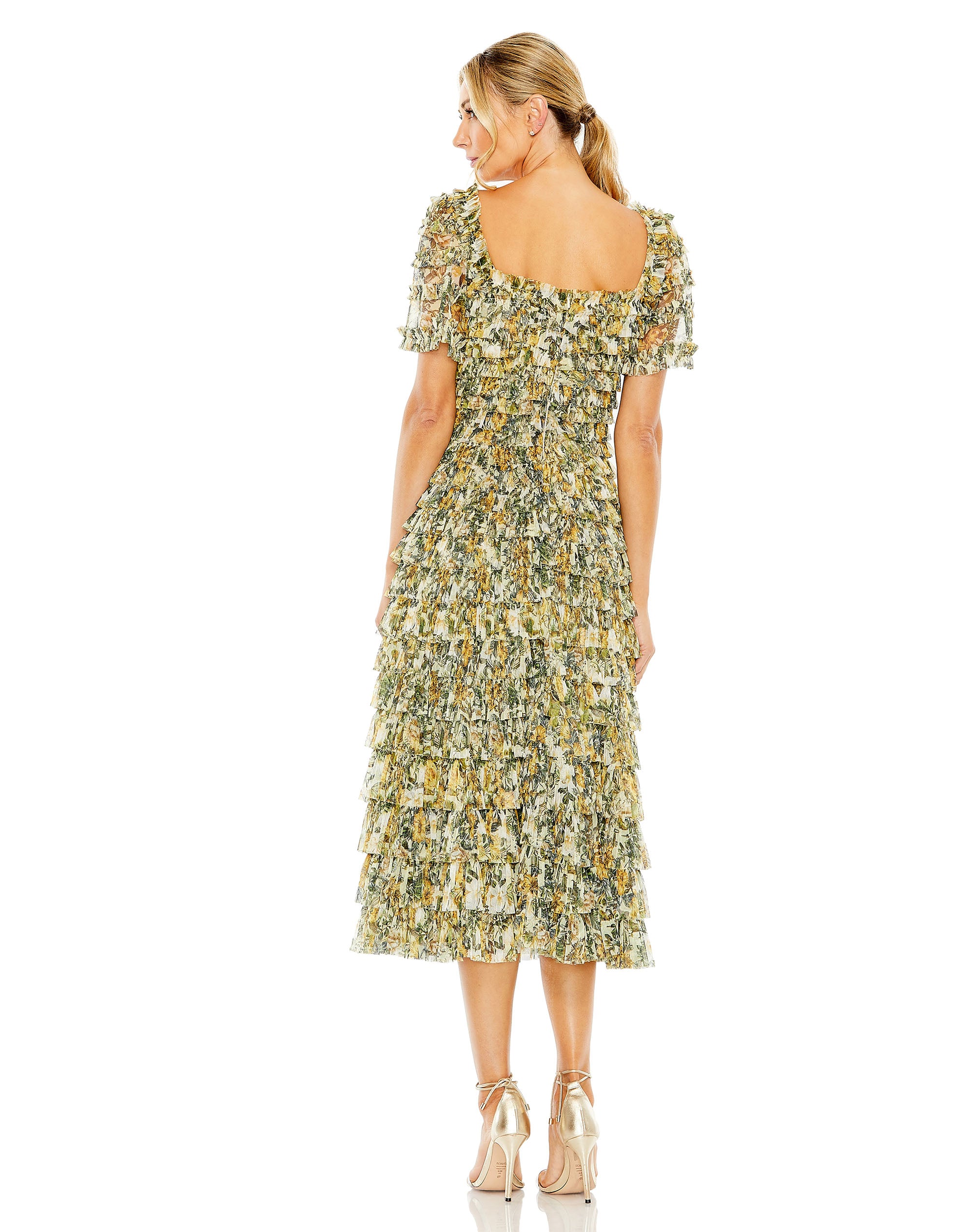 Short Sleeve Micro Ruffle Tea Length Dress