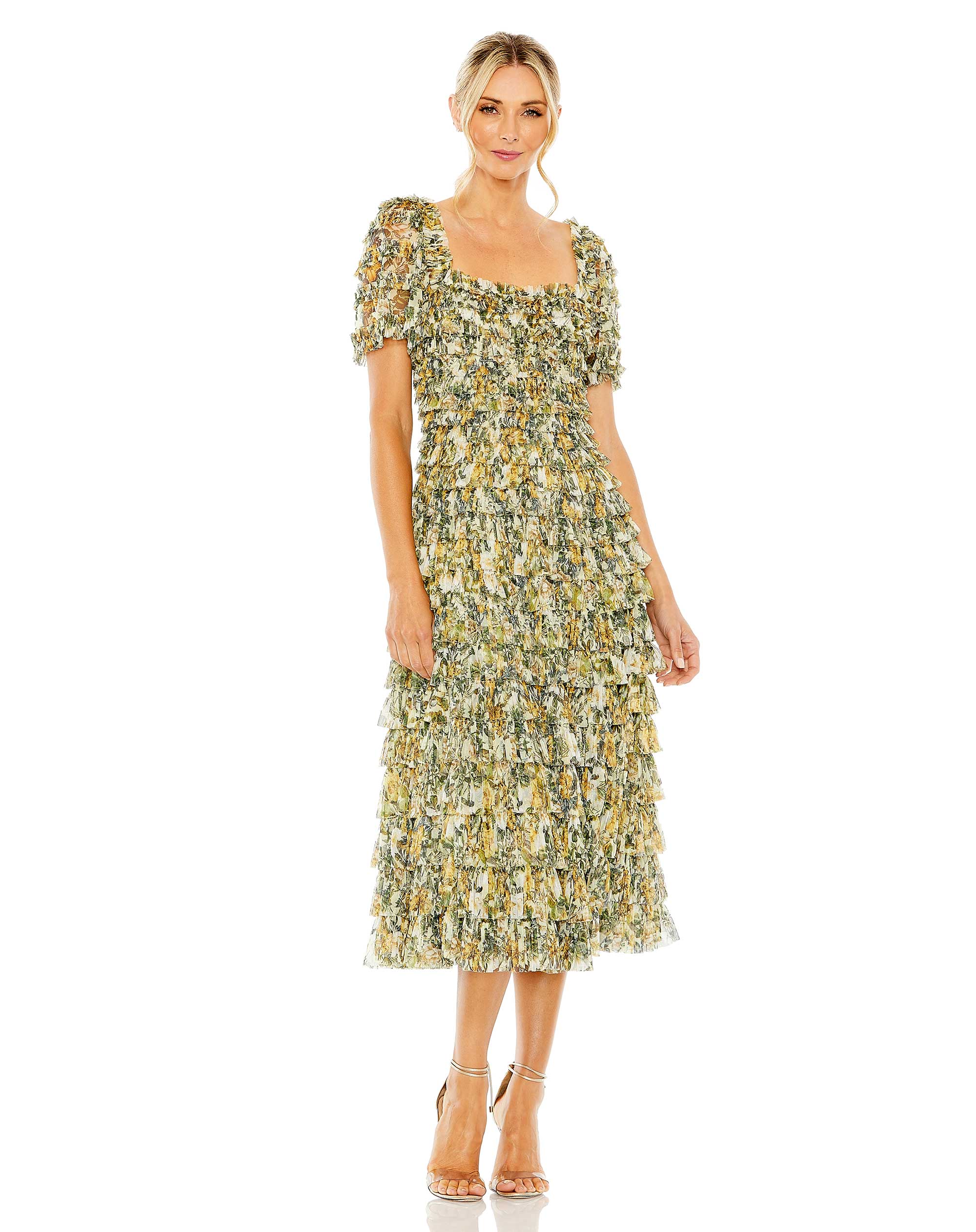 Short Sleeve Micro Ruffle Tea Length Dress