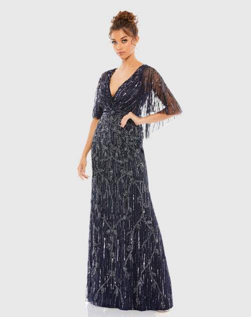 Embellished Cap Sleeve Faux Wrap Trumpet Gown