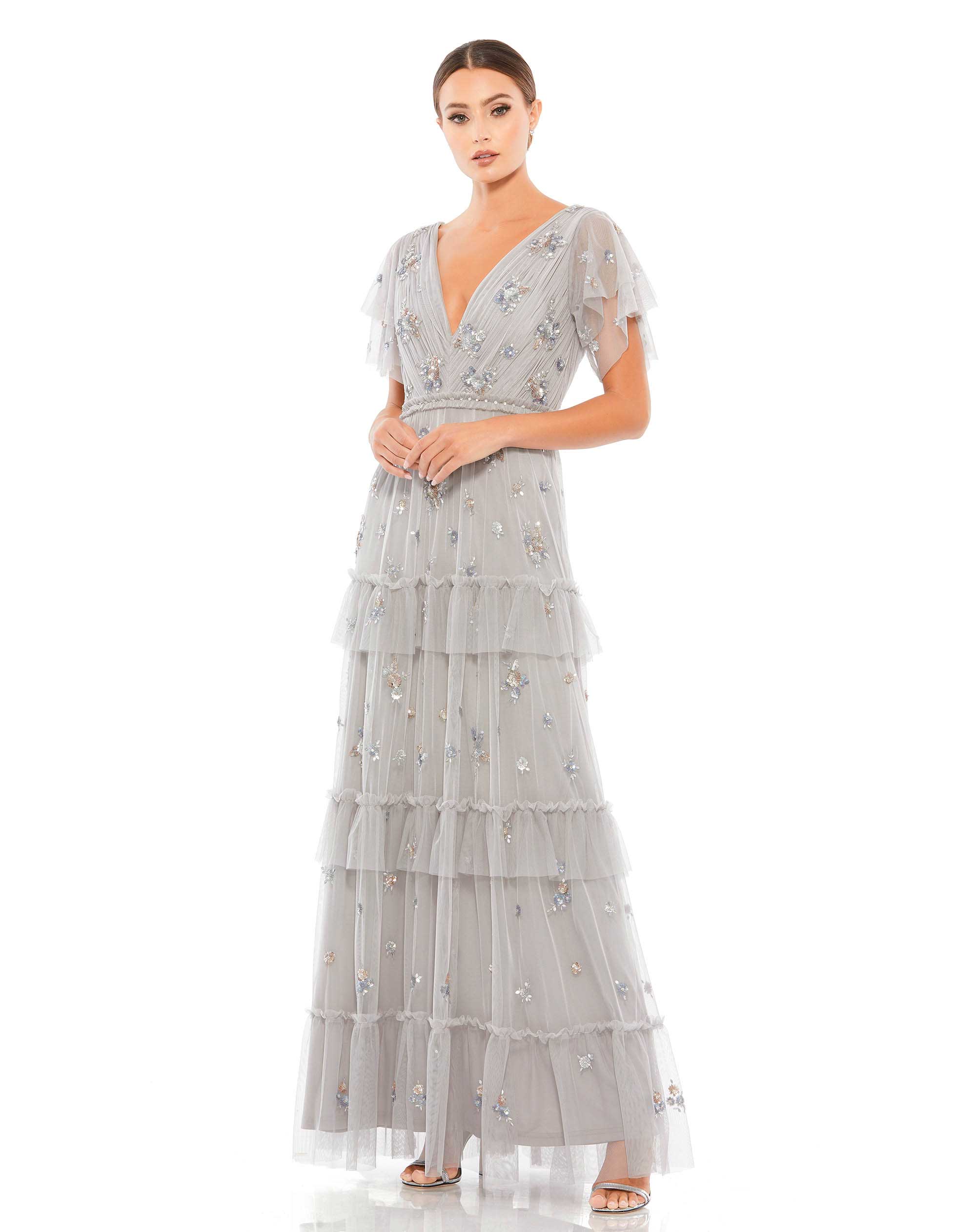 Ruffle Tiered Embellished Flutter Sleeve Gown