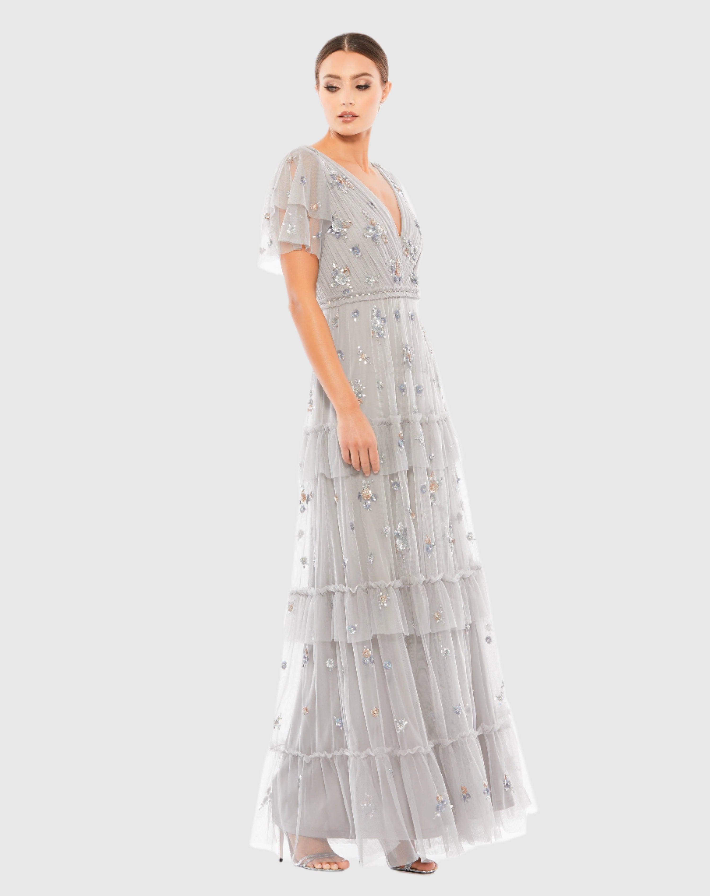 Mac Duggal Ruffle Tiered Embellished Flutter Sleeve Gown