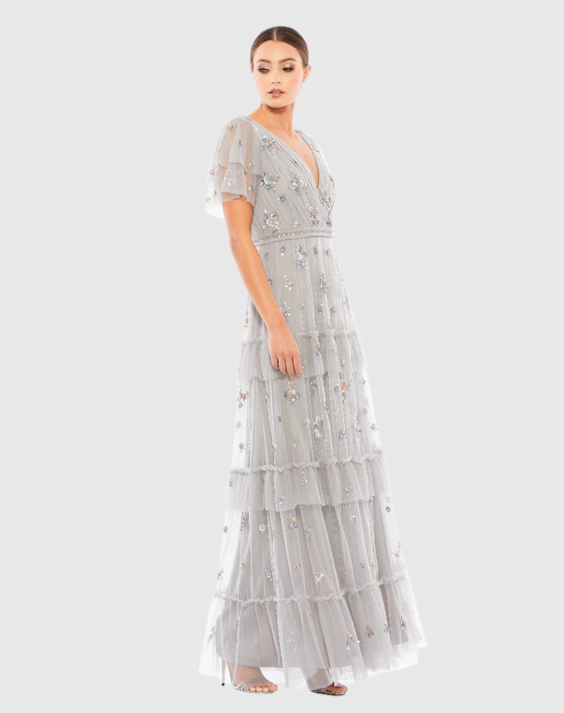 Ruffle Tiered Embellished Flutter Sleeve Gown - Mac Duggal Ruffle Tiered Embellished Flutter Sleeve Gown - Mac Duggal