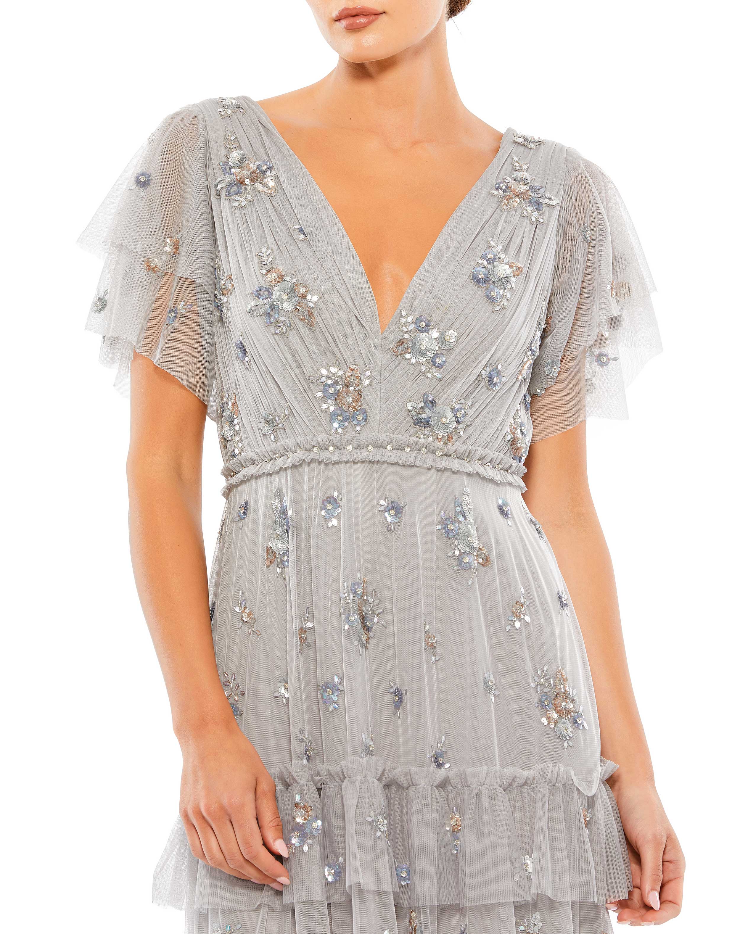 Ruffle Tiered Embellished Flutter Sleeve Gown