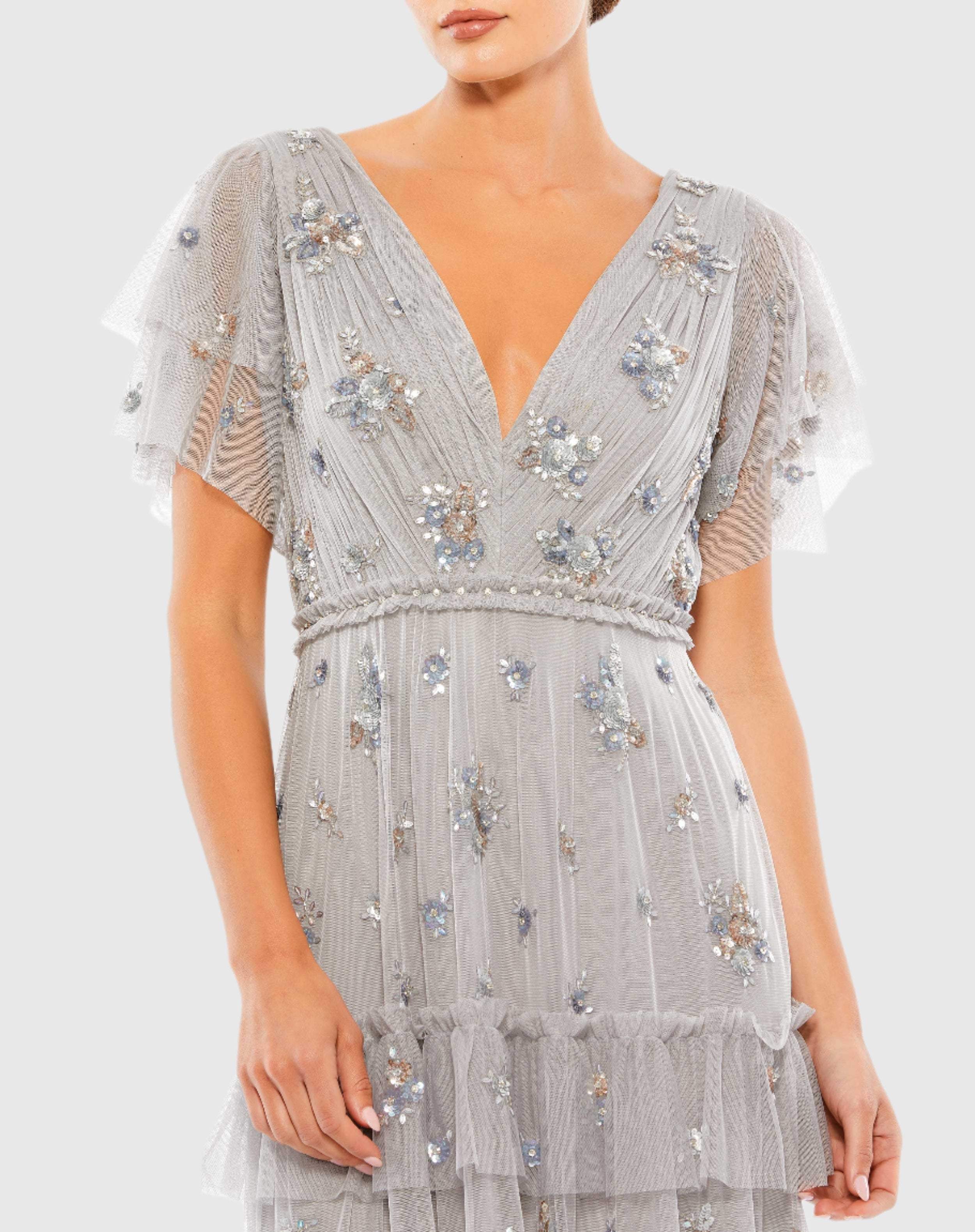Ruffle Tiered Embellished Flutter Sleeve Gown Mac Duggal