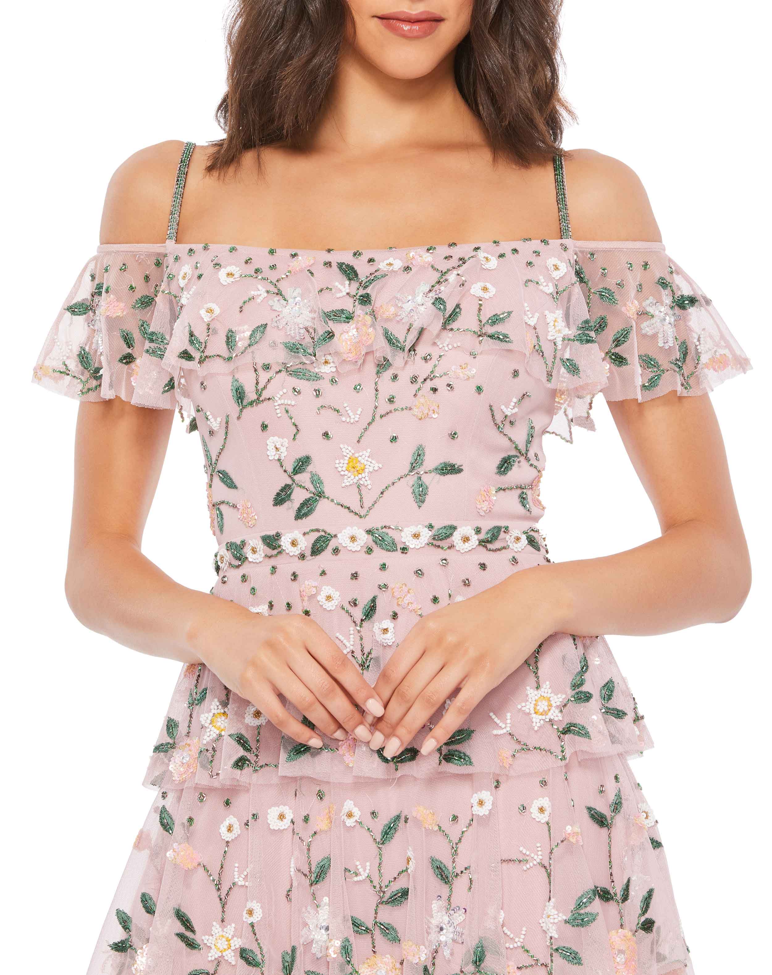 Off The Shoulder Embroidered Ruffle Tiered Gown