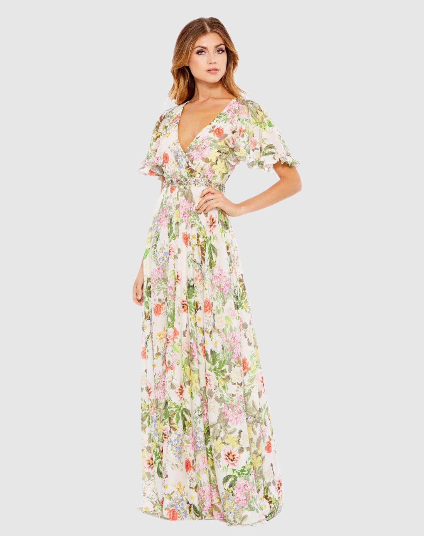 White Floral Print Faux Wrap Flutter Sleeve A Line Dress