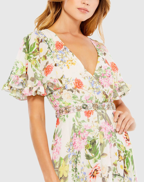 Floral Print Faux Wrap Flutter Sleeve A Line Gown Mac Duggal