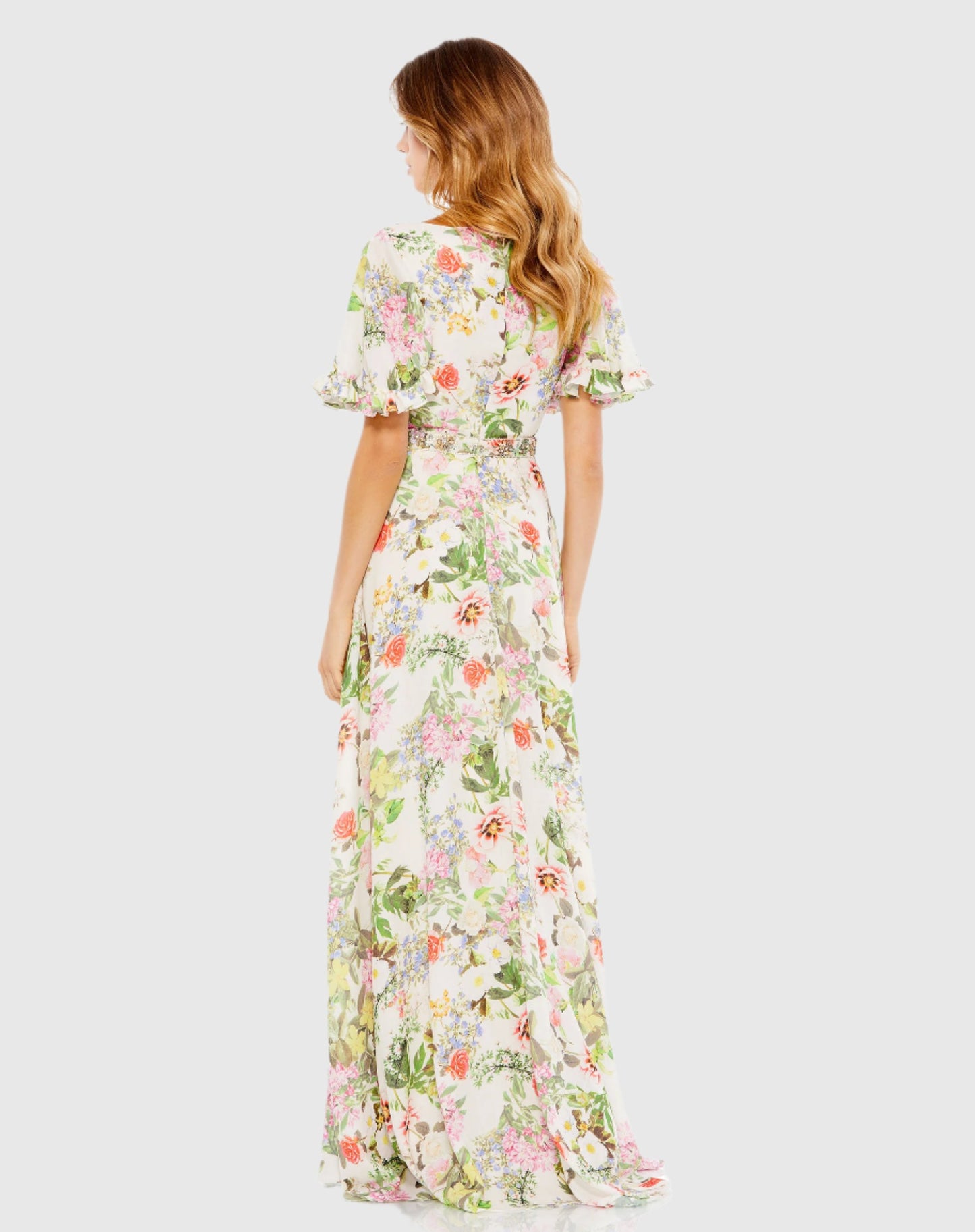 Floral Print Faux Wrap Flutter Sleeve A Line Gown