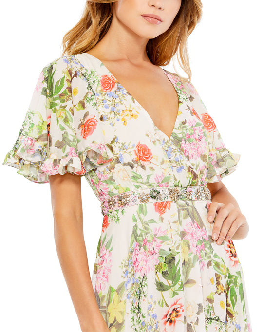 Floral Print Faux Wrap Flutter Sleeve A Line Gown – Mac Duggal