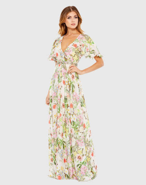 Floral Print Faux Wrap Flutter Sleeve A Line Gown