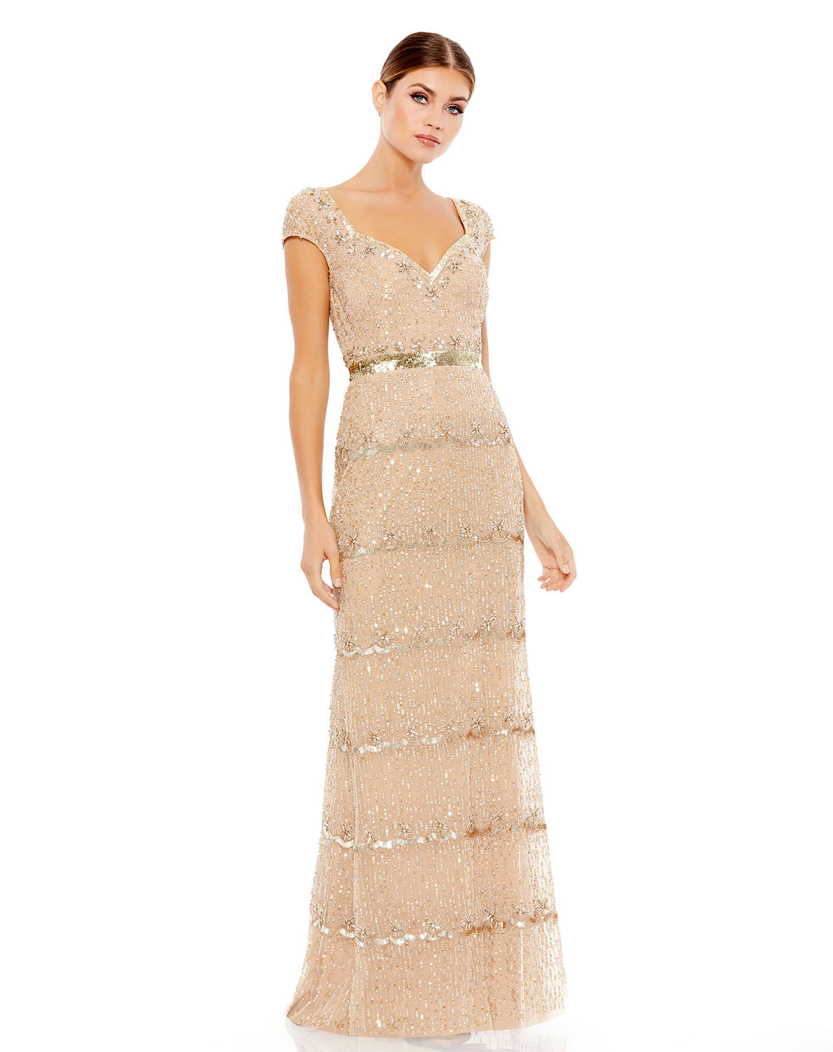 Cap Sleeve Embellished Column Gown