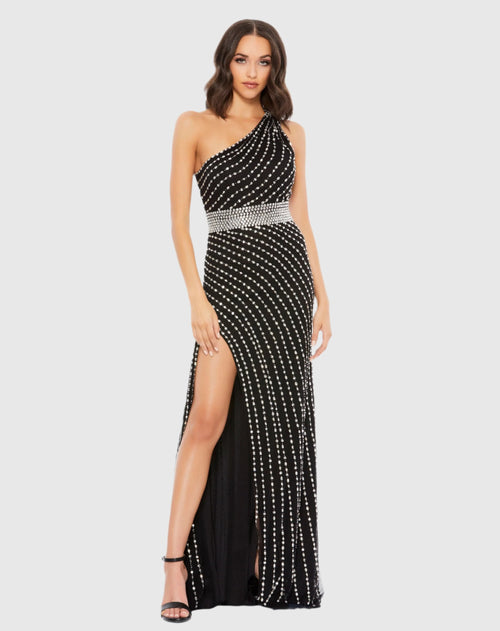 Black Beaded One Shoulder Gown