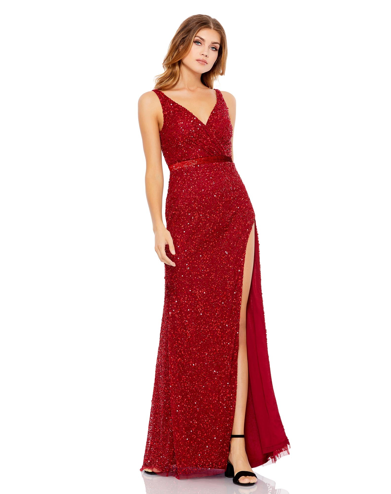 Sequined Sleeveless Wrap Over Gown