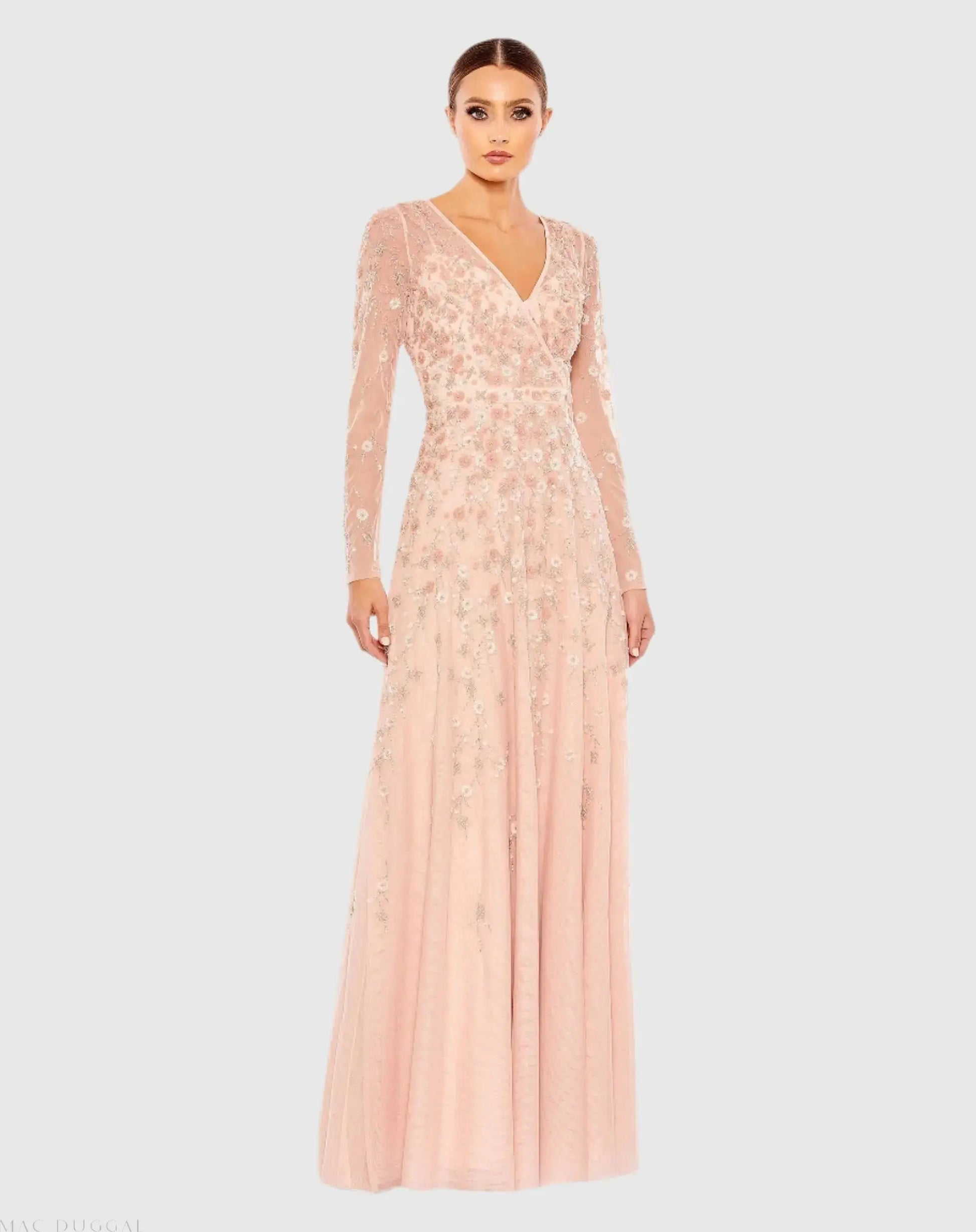 mac duggal embellished illusion long sleeve dress Embellished Wrap Over Illusion Long Sleeve A Line Gown